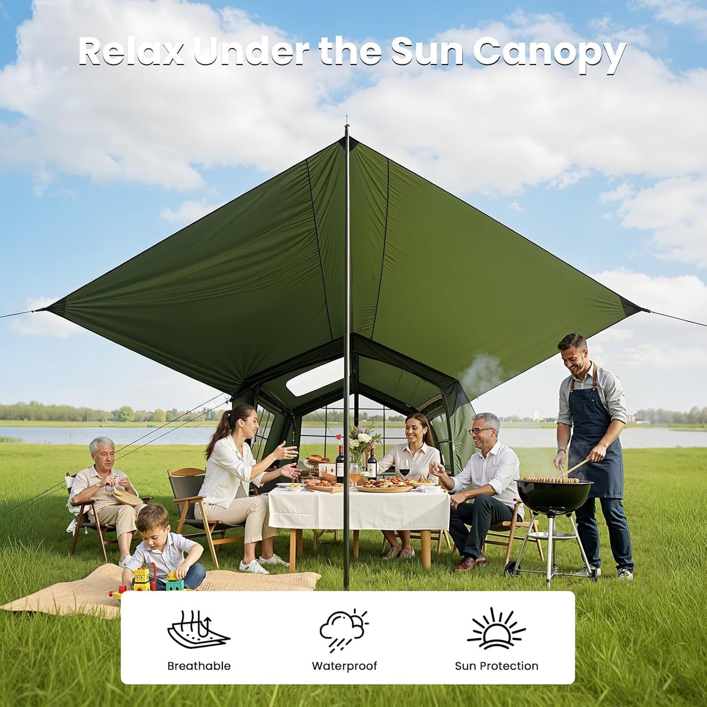 Lilypelle 4-6 Person Blow Up Inflatable Tent w/ Canopy,10.5ft x 8.2ft x 6.9ft Hot Tent w/ Stove Jack, Easy Setup Air Camping Tent w/ Hand Pump, Waterproof Inflatable House for Family Glamping，Green
