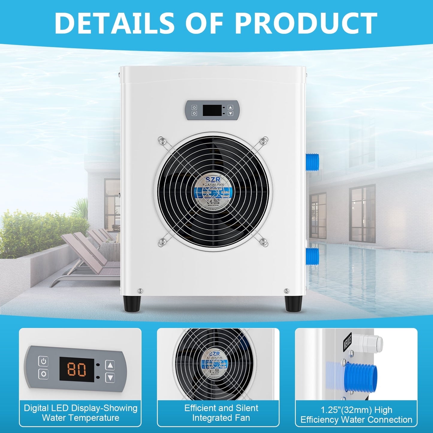 Lilypelle 16000 BTU Electric Pool Heaters for 5000GAL Above Ground Pools,110V 60HZ Efficient, Quiet Pool Heat Pump With Anti-leakage system and Child Lock Up to 107℉，50dB，5.6COP