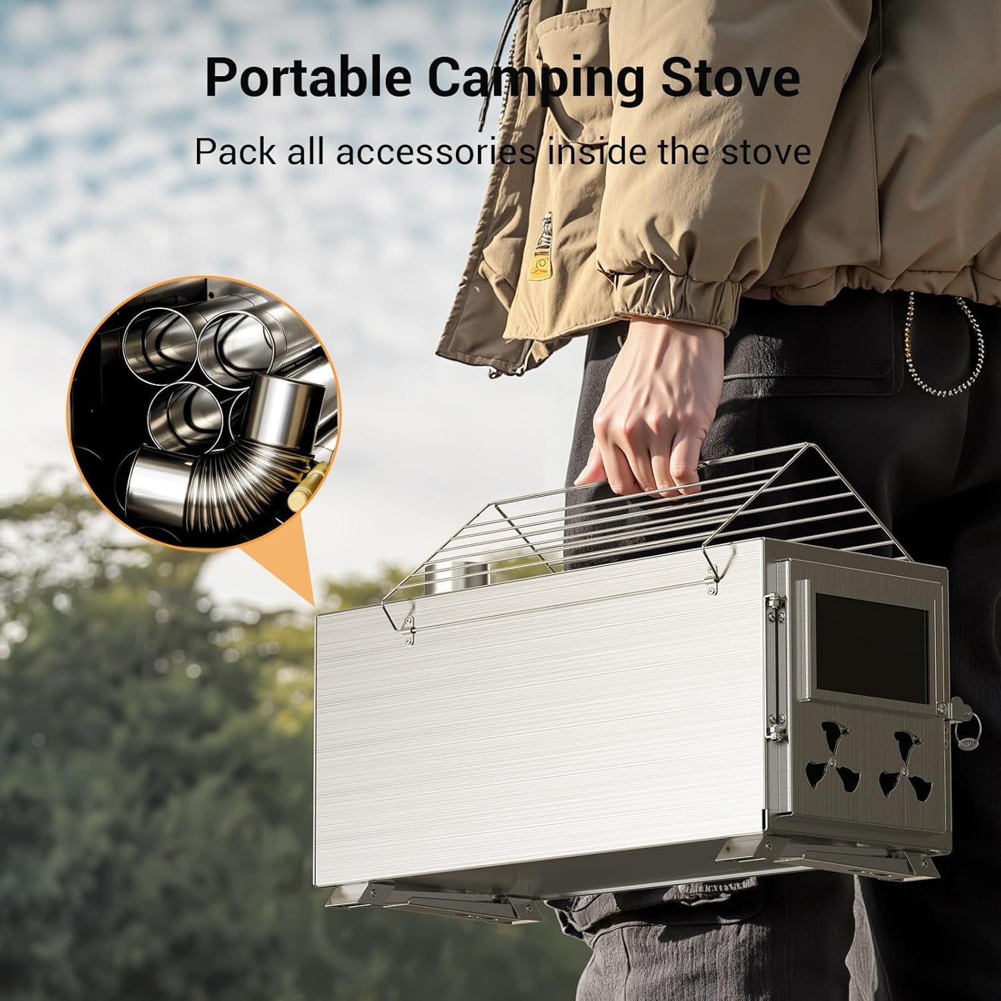 Lilypelle Portable Wood Stove Camping Hot Tent BBQ Stove with 7 Chimney Pipe for Tents, Travel, Camping, Cooking, Ice Fishing, Hunting, Boiling Water - Large（18" x 9.8" x 10.6"）