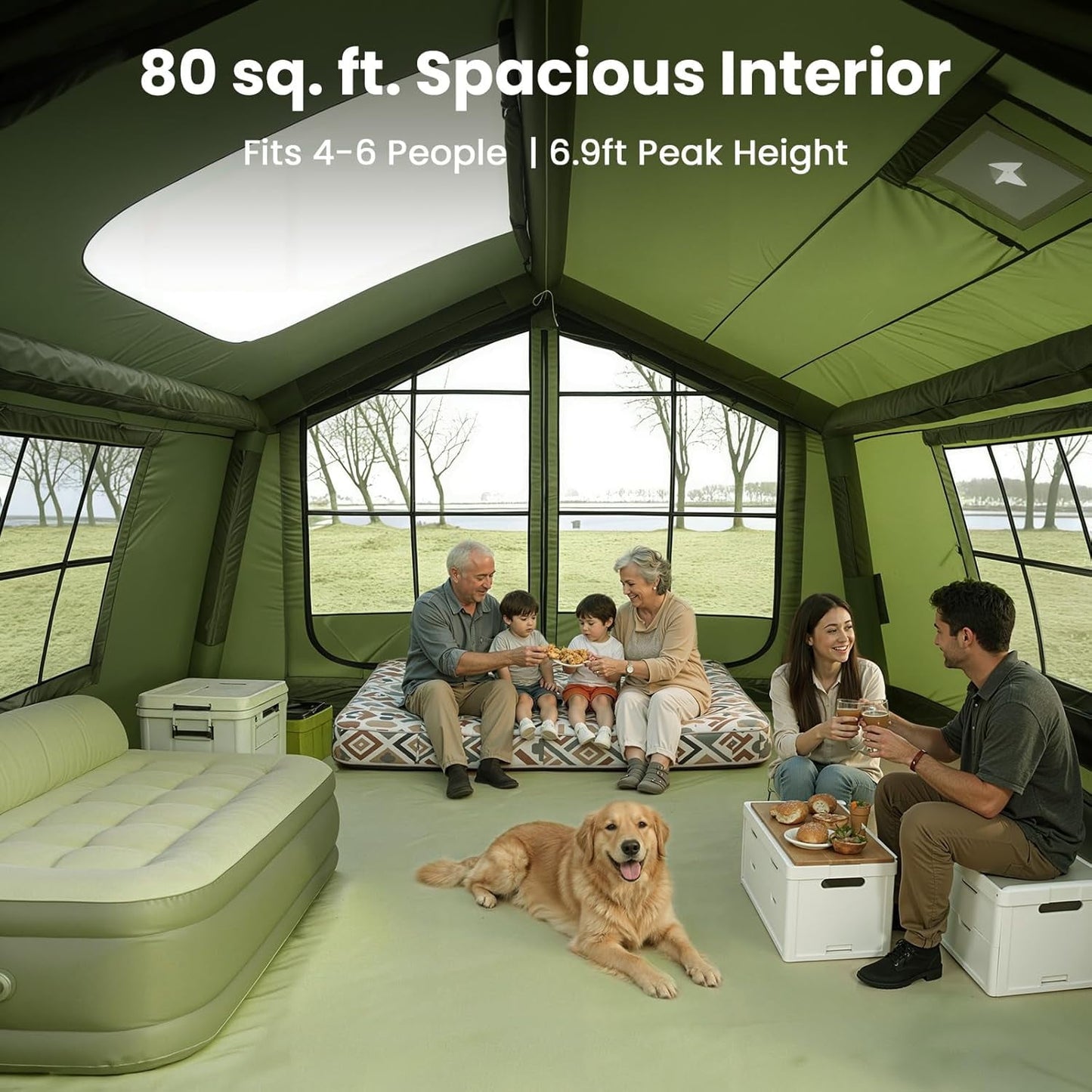 Lilypelle 4-6 Person Blow Up Inflatable Tent w/ Canopy,10.5ft x 8.2ft x 6.9ft Hot Tent w/ Stove Jack, Easy Setup Air Camping Tent w/ Hand Pump, Waterproof Inflatable House for Family Glamping，Green