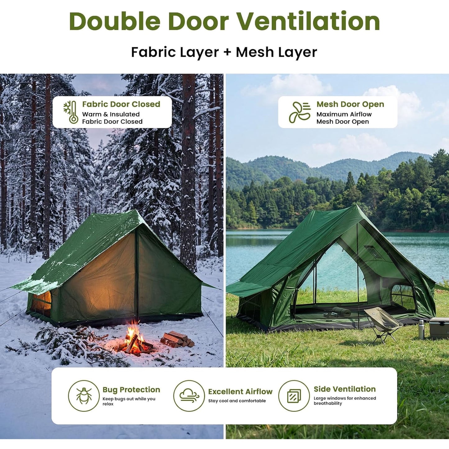 Lilypelle Lightweight Backpacking Camping Tent for 2-4 Person, 4 Season Windproof Tent with Stove Jack, 210T Ripstop Waterproof PU3000mm, All Weather Hiking Tent，Green