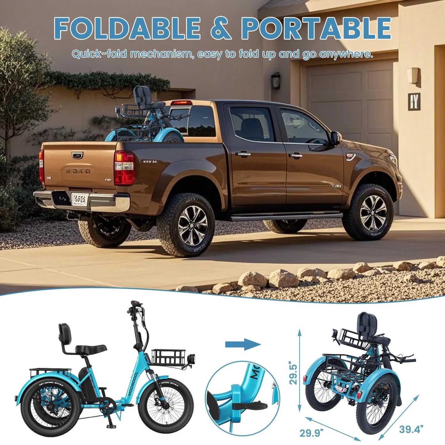 Lilypelle TK Pro Folding Electric Tricycle with Rack Bags , 6-Speed Peak 1500W Motor 48V Electric Trike for Adults, 20" Fat Tire 3 Wheel Electric Bicycle with Front & Rear Baskets