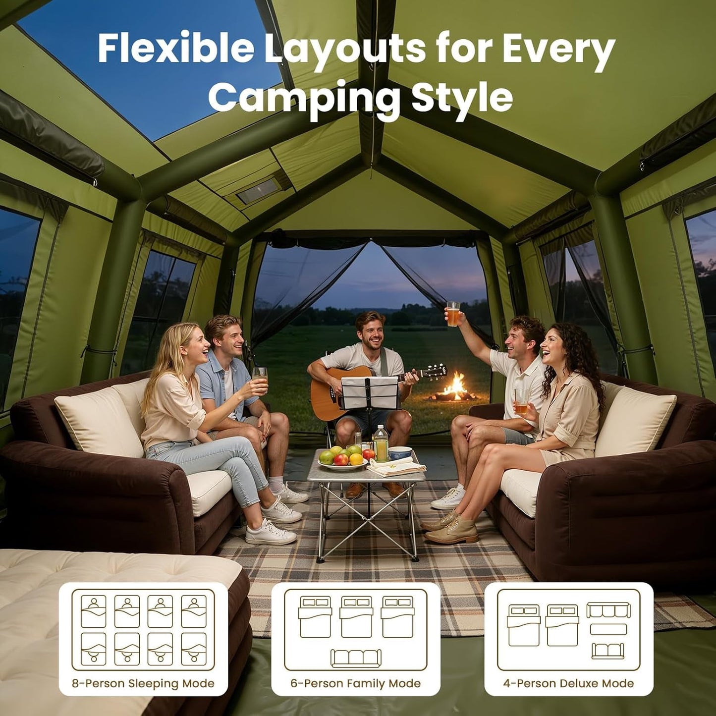 Lilypelle 8-10 Person Blow Up Inflatable Tent, with Removable Canopy and Stove Jack, 2 Room Instant Setup Air Cabin, Waterproof Oxford Hot Camping Tent for Family Glamping