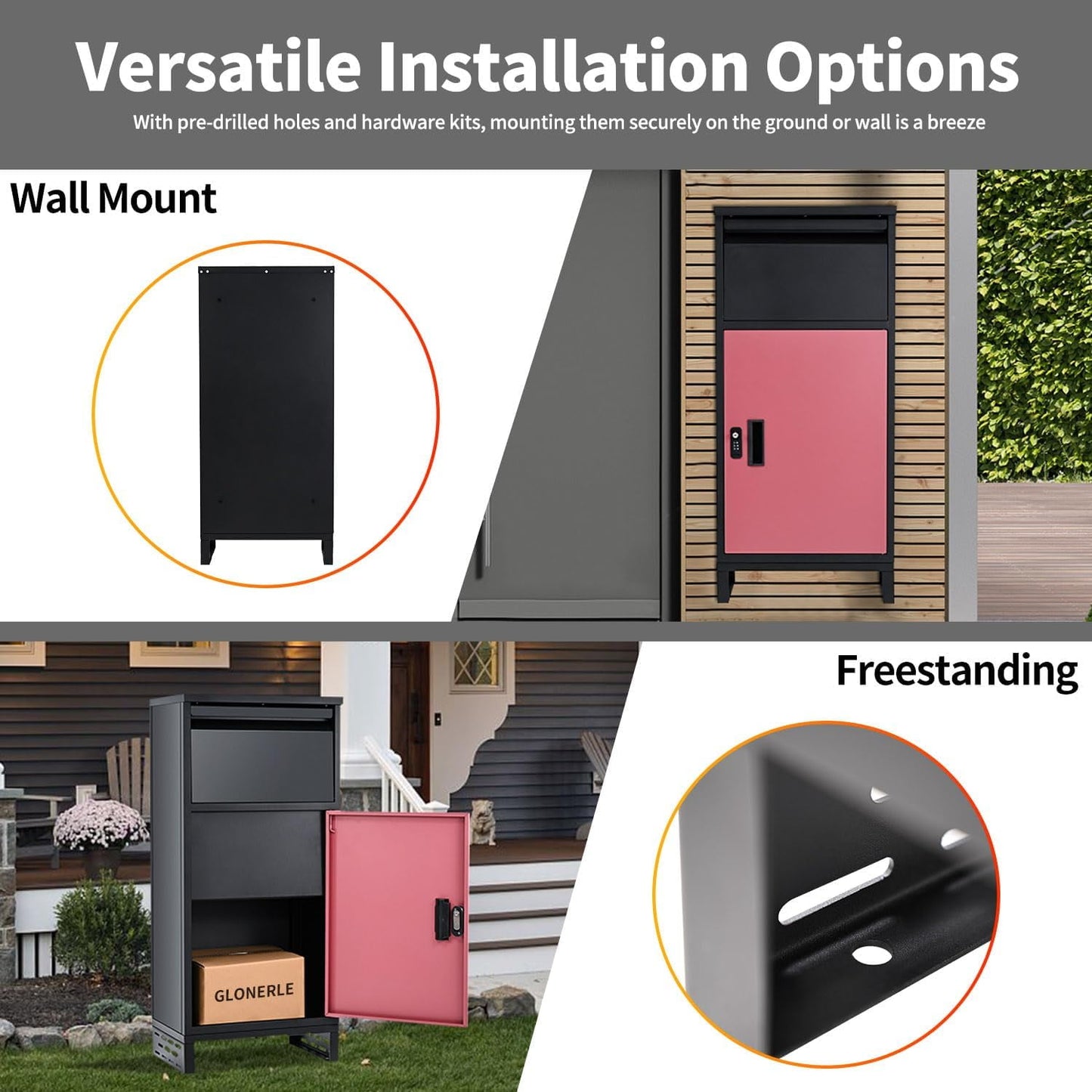 Lilypelle Outside Package Delivery Boxes , 7" x 11" x 34" Large Galvanized Steel Wall and Floor Mount Locking Mailbox, Anti-Theft Delivery Box for Porch, IPX3 Waterproof