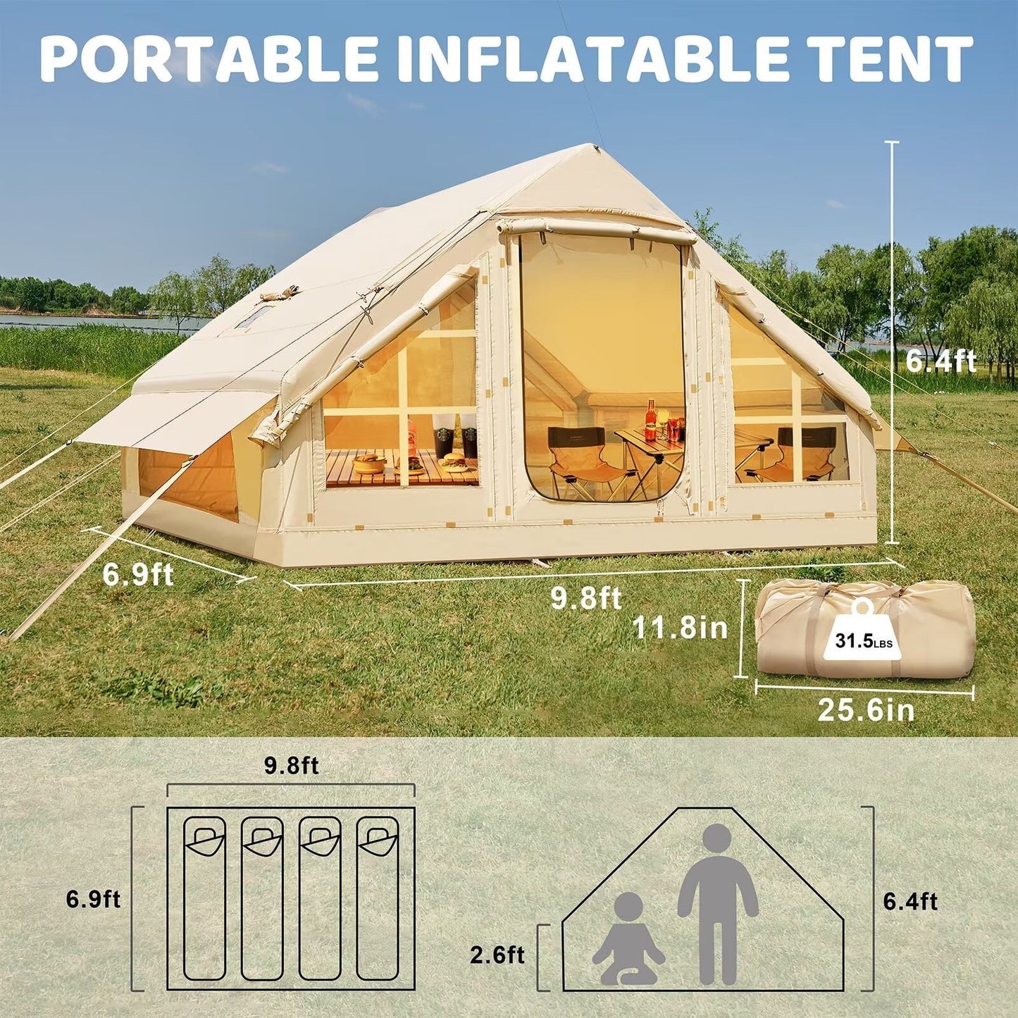 Lilypelle 4-6 Person Blow Up Inflatable Tent with Stove Jack, Hot Tent for Camping with Hand Pump, Waterproof Inflatable Camp Tent with Mesh Windows, Easy Setup Glamping Inflatable House