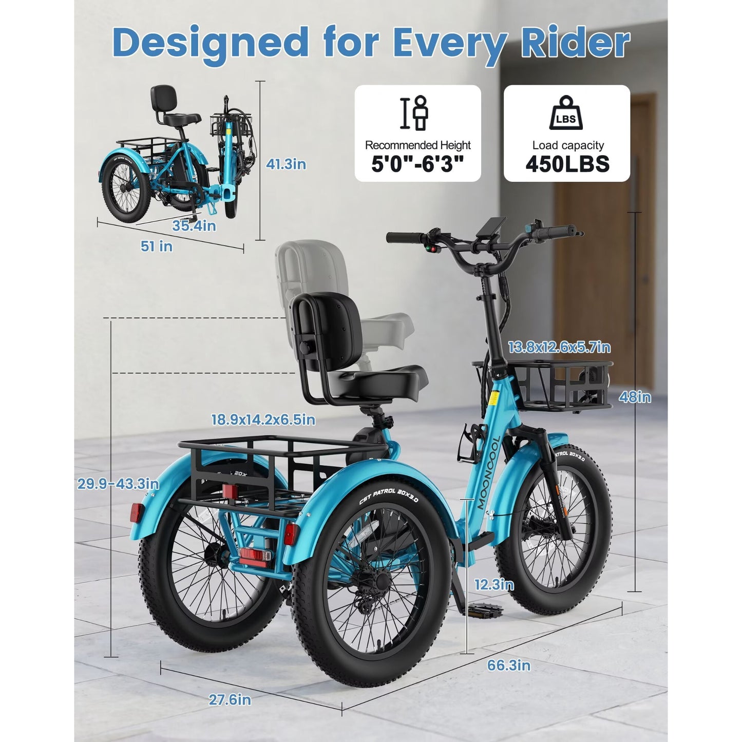 MOONCOOL TK2 PRO Adult Folding E-Trike with Reverse, 6-Speed, 48V 20Ah Battery, 1500W Peak, 20" Fat Tire, Torque & Cadence Sensor, 70 Mile, 16 MPH, Supports 5A Fast Charging