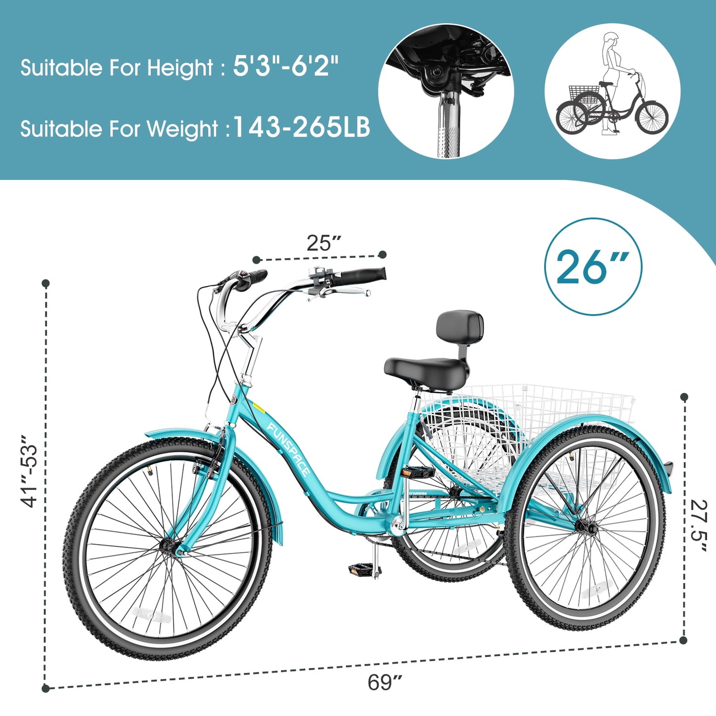 Lilypelle Retro Adult Tricycles 7-Speed 26 Inch Three Wheel Bike Cruiser Trike with Low-Step Through Frame/Large Basket for Men, Women, Seniors