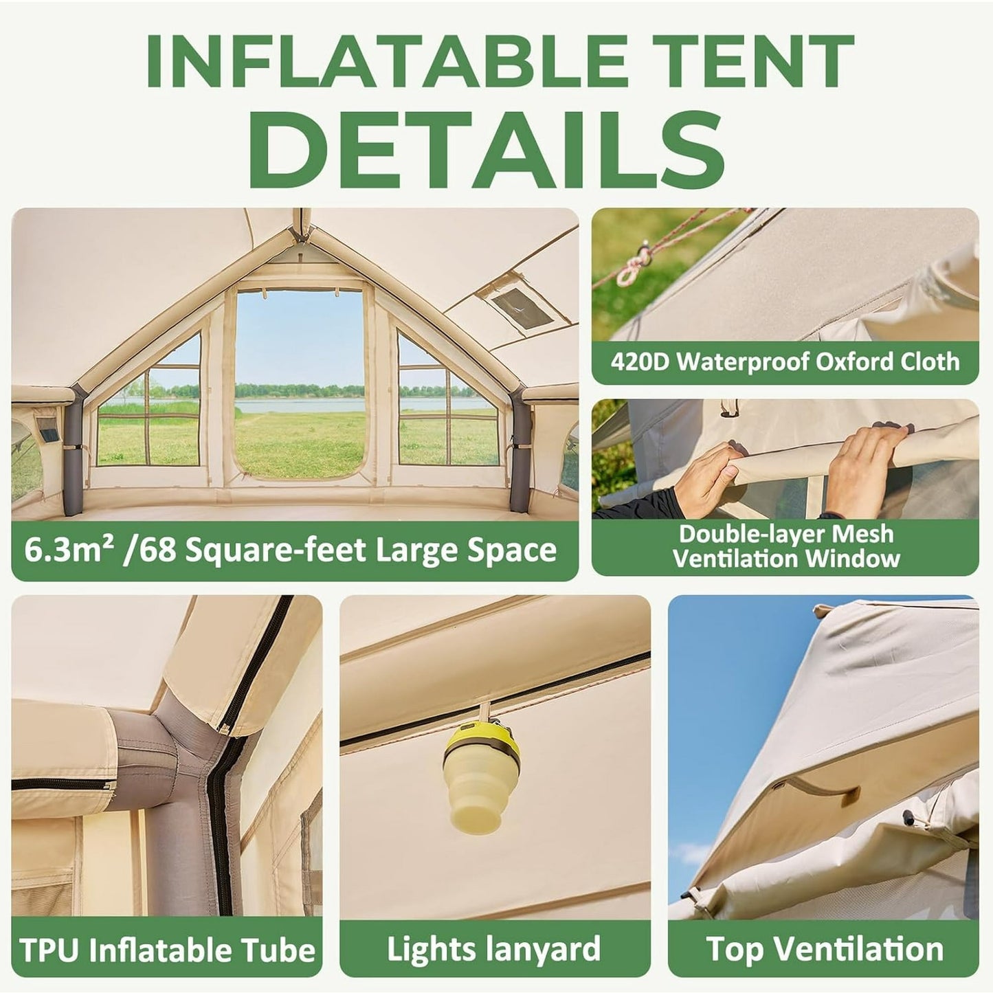 Lilypelle Inflatable Tents for Camping, 4-6 Person Blow Up Tent with Hand Pump, Waterproof Oxford Air Tent with Mesh & Chimney Window, Glamping Hot Tent with Stove Jack