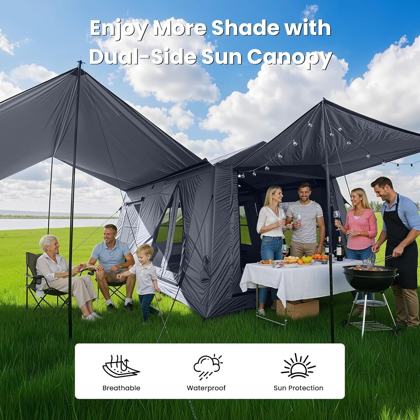 Lilypelle 8-10 Person Blow Up Inflatable Tent, with Removable Canopy and Stove Jack, 2 Room Instant Setup Air Cabin, Waterproof Oxford Hot Camping Tent for Family Glamping