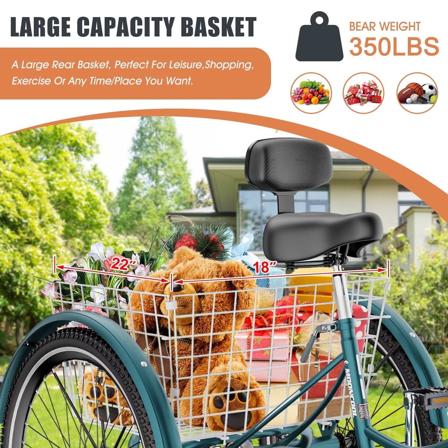 Lilypelle Adult Tricycles 7 Speed 24 inch Three Wheel Bike Cruiser Trike with Low-Step Through Frame/Large Basket for Men, Women, Seniors,Peacock Green