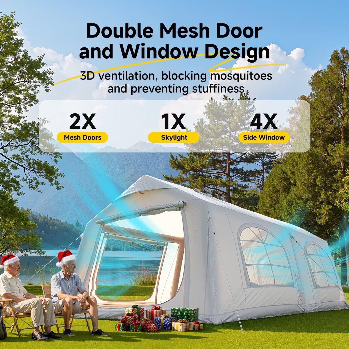 Lilypelle 12 Person Blow Up Camping Inflatable Tent w/ Canopy & Stove Jack & AC Port,18.4′x 9.8′x 6.9′Waterproof Oxford 2 Room Air Tent , Easy Setup Glamping Inflatable House w/ Stove Jack