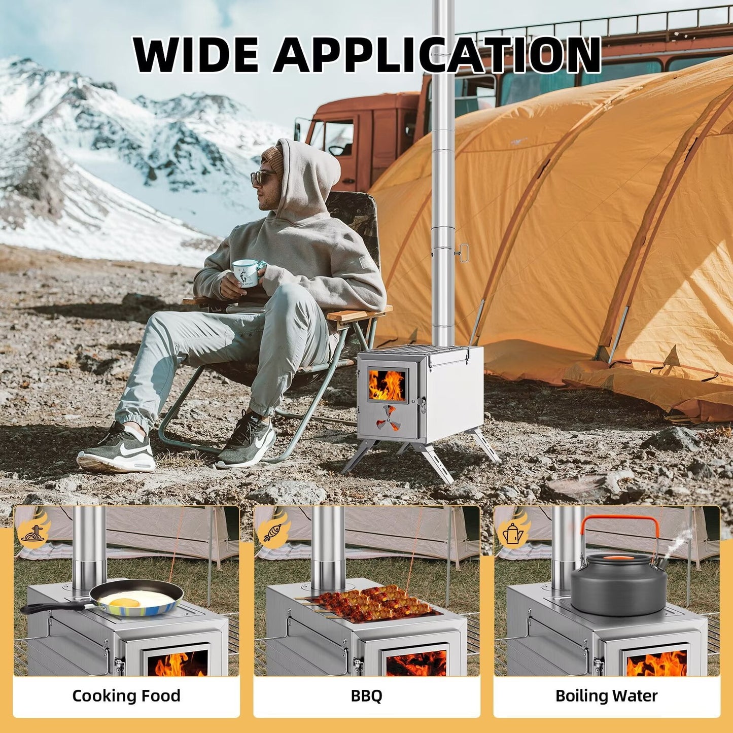 Lilypelle Portable Wood Stove Camping Hot Tent BBQ Stove with 7 Chimney Pipe for Tents, Travel, Camping