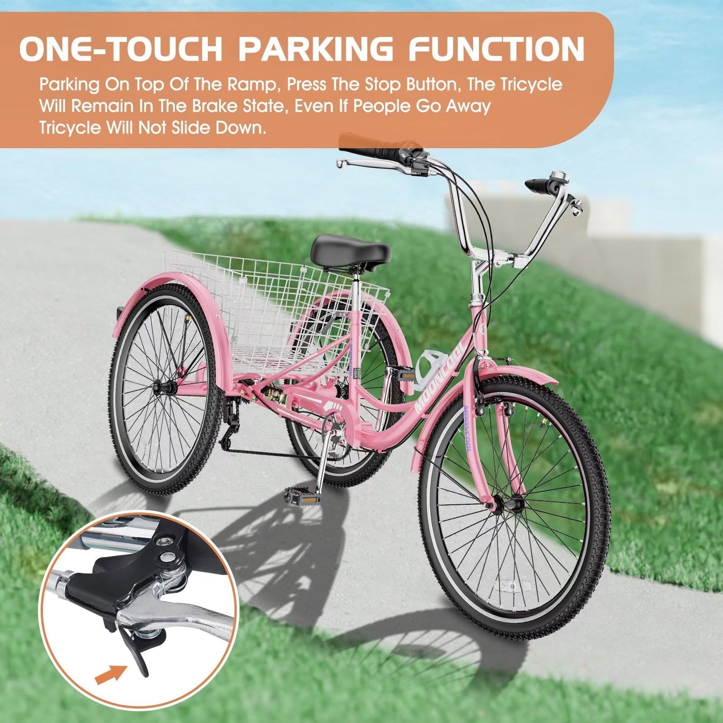 Lilypelle Adult Tricycles 7 Speed 24 inch Three Wheel Bike Cruiser Trike with Low-Step Through Frame/Large Basket for Men, Women, Seniors,Pink