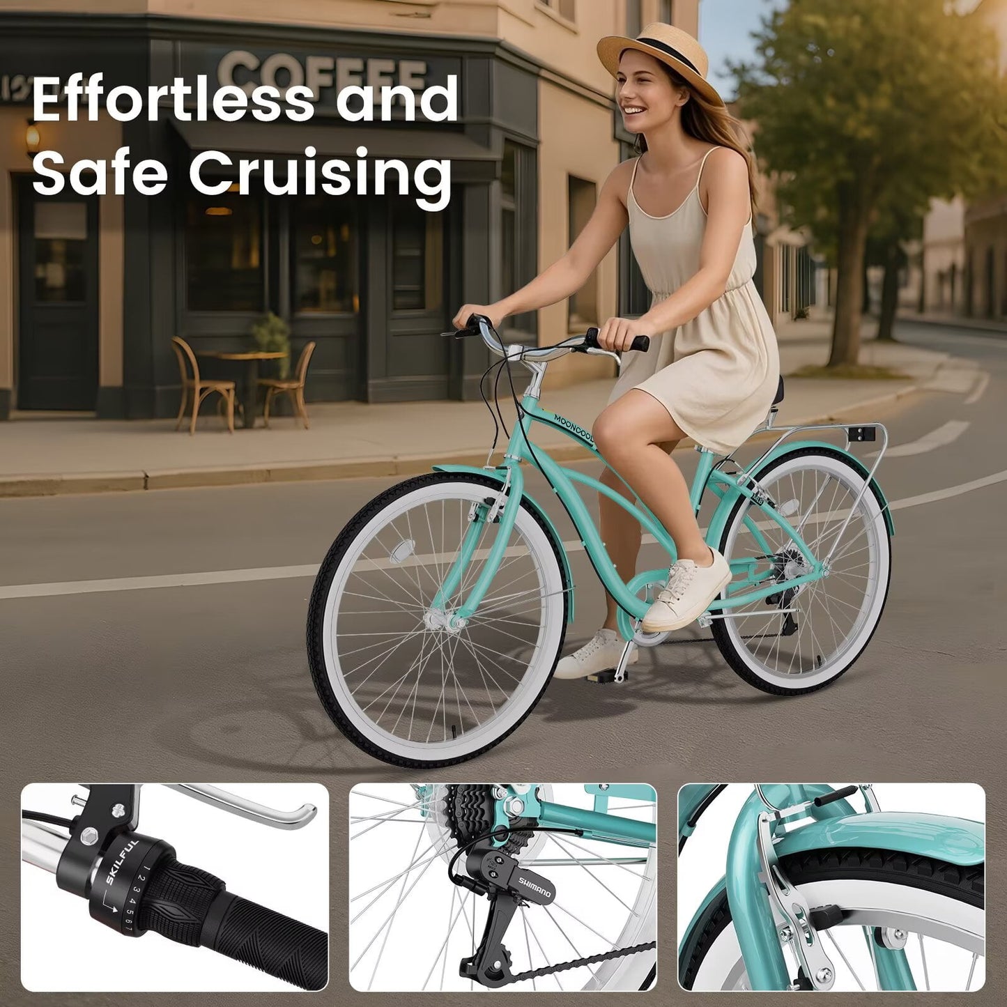 Lilypelle Adults Beach Cruiser Bicycle, 24" 26" Wheel 7 Speed Bike Fits Rider: 4'11"-6'2", Step Through Bikes for Commuting, Unisex