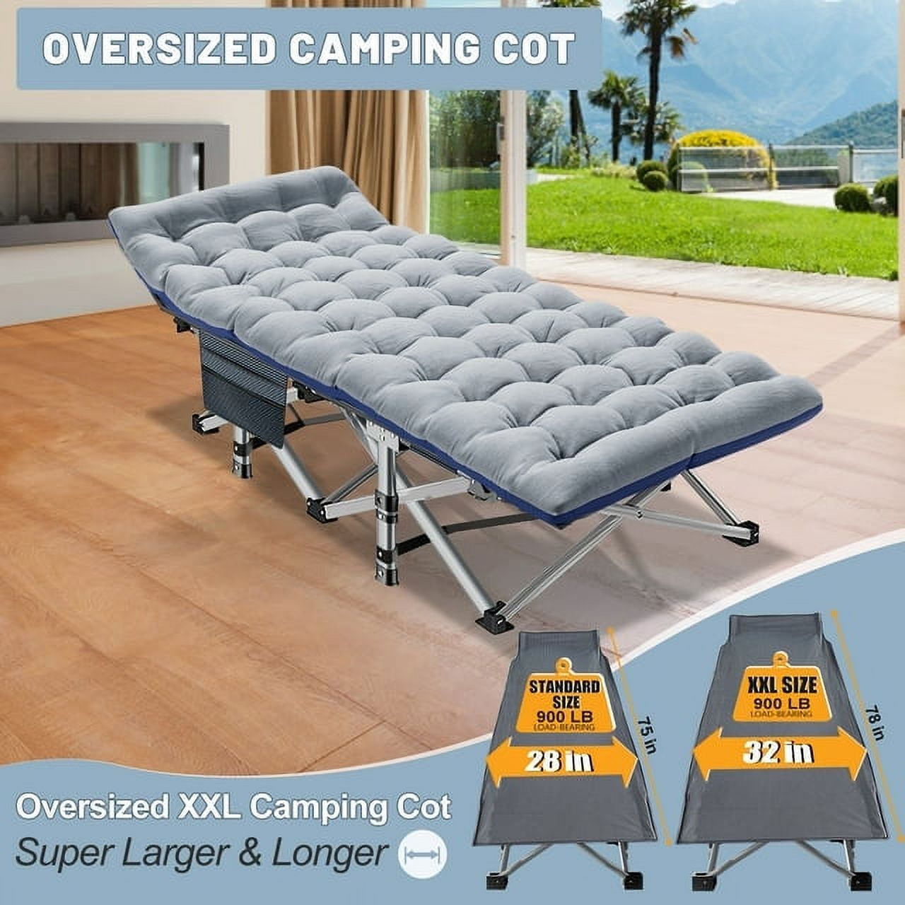 Lilypelle Oversized XXL Folding Camping Cot for Adults, 32" XXL Wide Folding Cot Bed for Sleeping with 2 Sided Mattress & Carry Bag, Tent Cot, Supports 900 lbs
