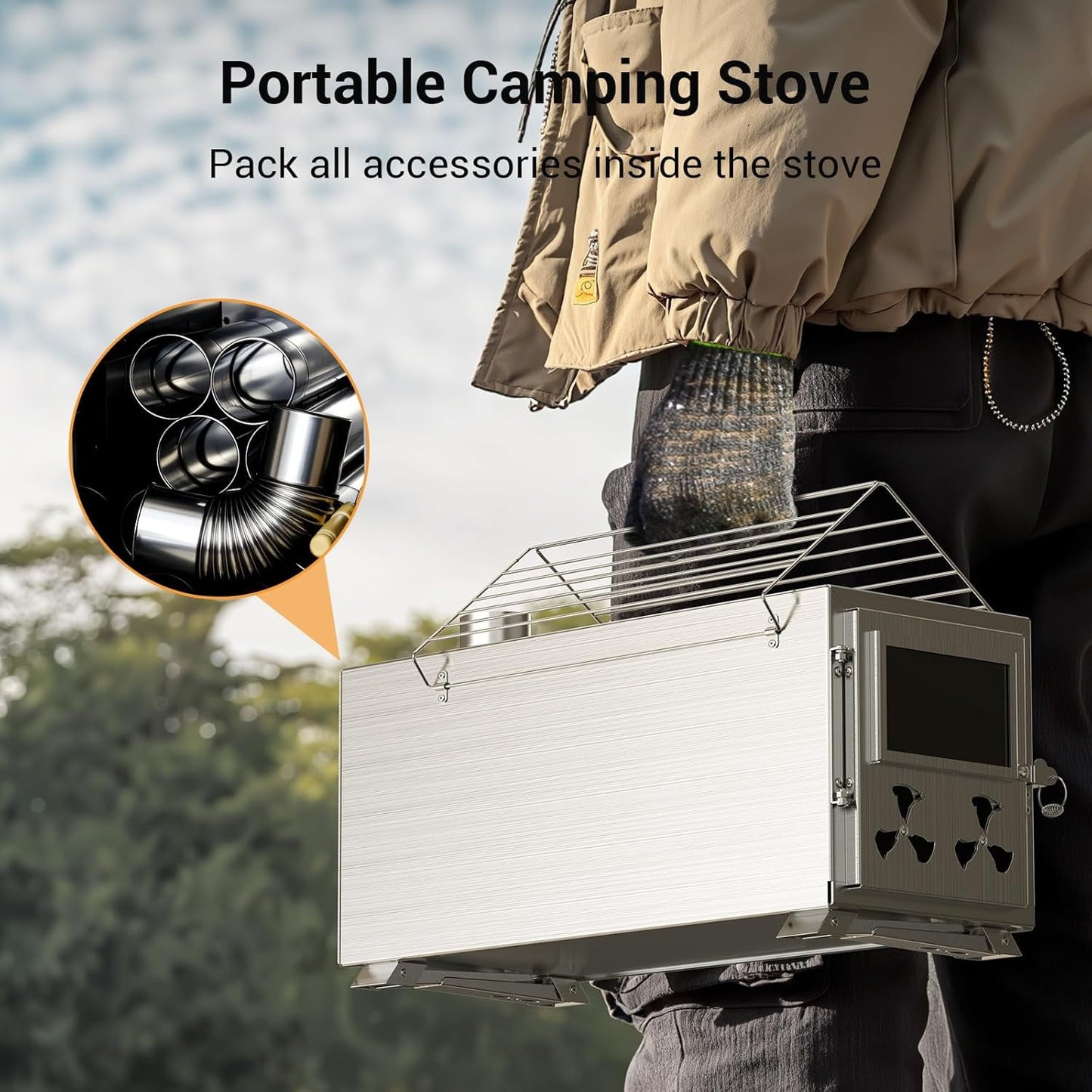 Lilypelle Portable Wood Burning Sauna Hot Tent Stove, 2 in 1 Tent Wood Burning Stove with Chimney Pipe for Outdoor Camping Heating