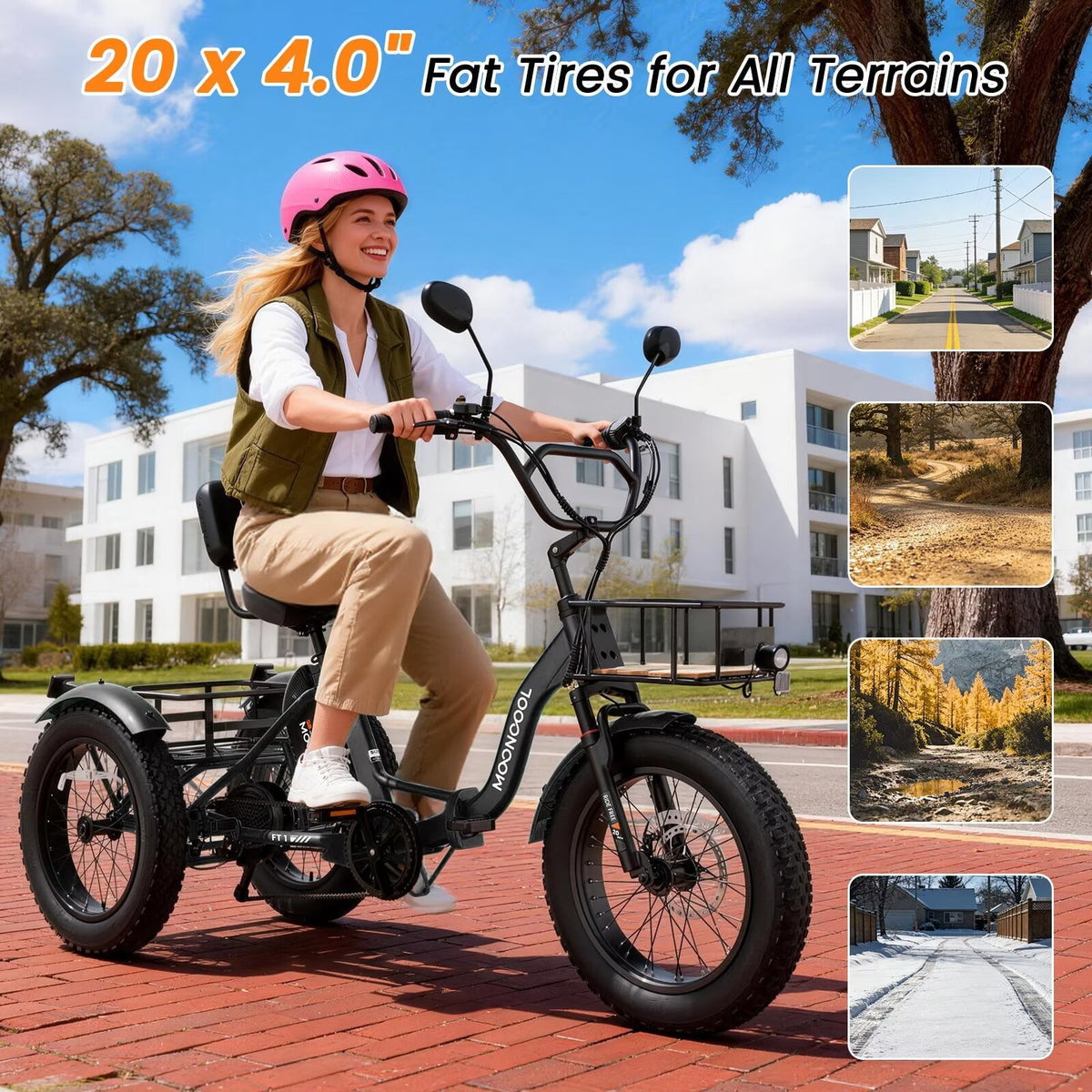MOONCOOL All-Terrain Folding Electric Tricycle for Adults, 1100w Motor 48V 14.5Ah Battery,7-Speed 20" x 4.0" Fat Tire 3 Wheel Electric Bike , 25-60 miles