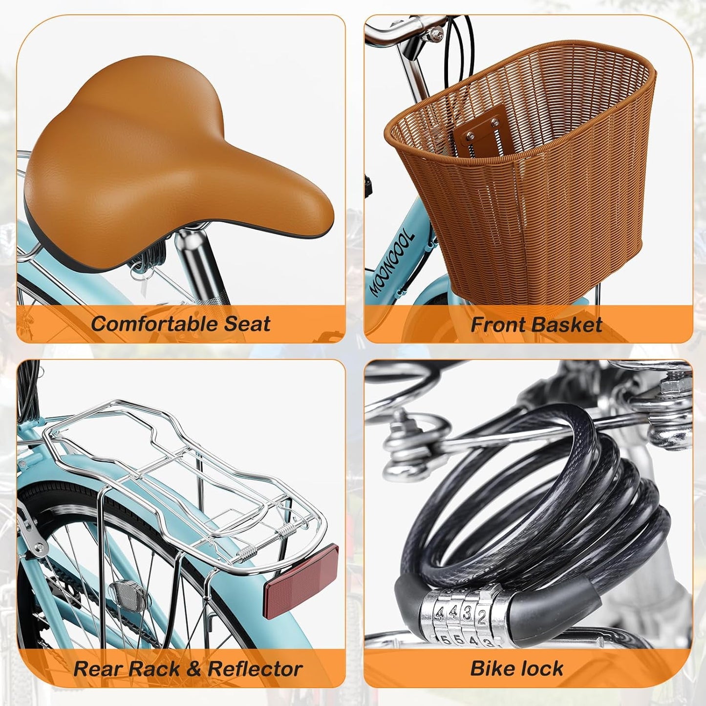 Lilypelle Womens Bike, 7 Speed Bike for Adults Women 24 26 inch with Ratten Basket & Rack, Beach Cruiser Bike for Women, Womens Bicycle for Commuting, Step Through City Bikes for Women Adults Ladies