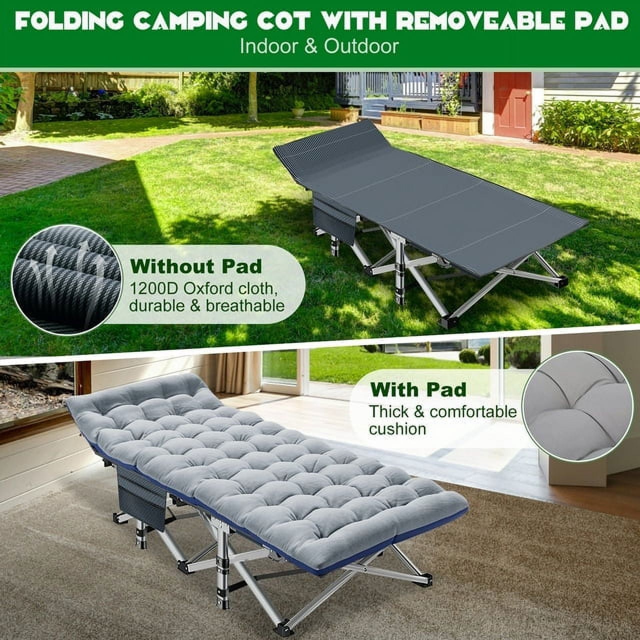 Lilypelle Oversized XXL Folding Camping Cot for Adults, 32" XXL Wide Folding Cot Bed for Sleeping with 2 Sided Mattress & Carry Bag, Tent Cot, Supports 900 lbs