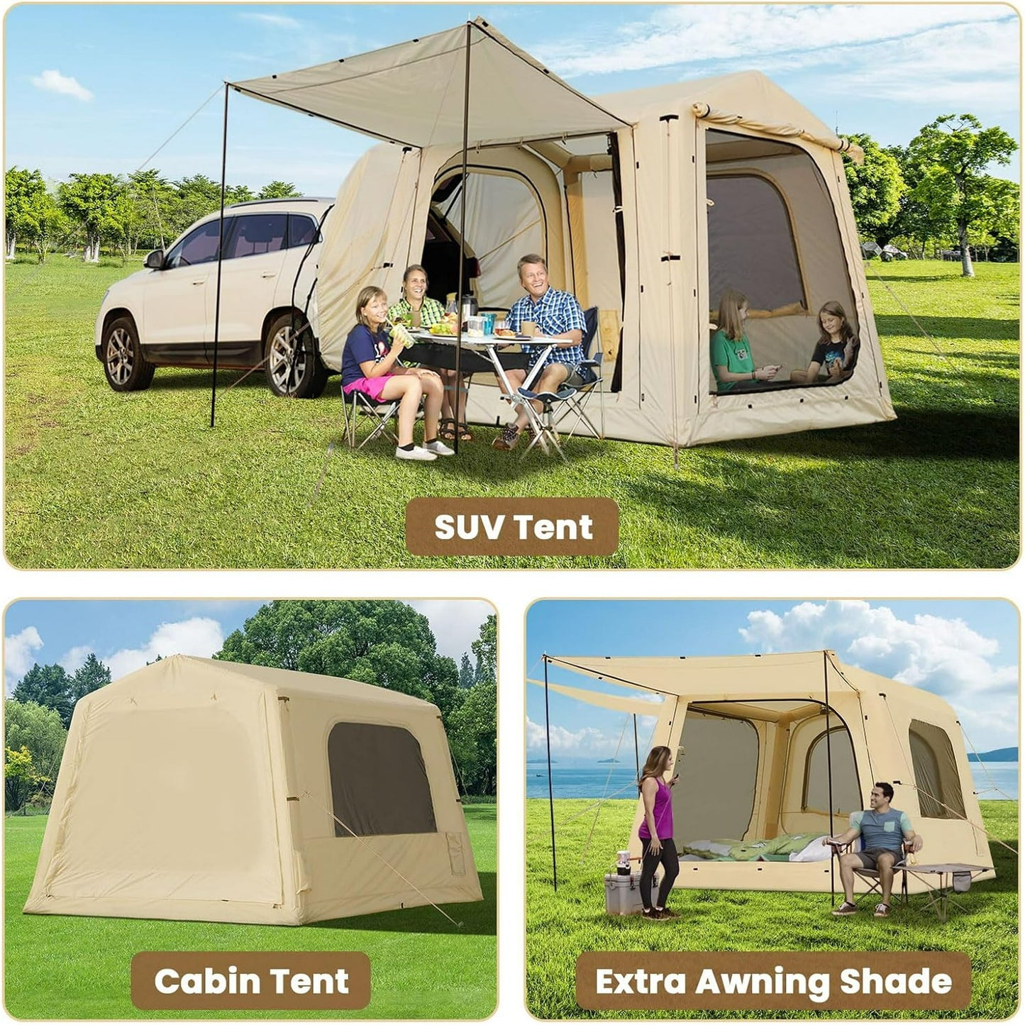 Lilypelle 4-6 Person Blow Up Inflatable Tent, 2-in-1 SUV Tailgate Hot Tent with Stove Jack, Easy Setup Camping Tent with Hand Pump, Waterproof Inflatable House for Outdoor