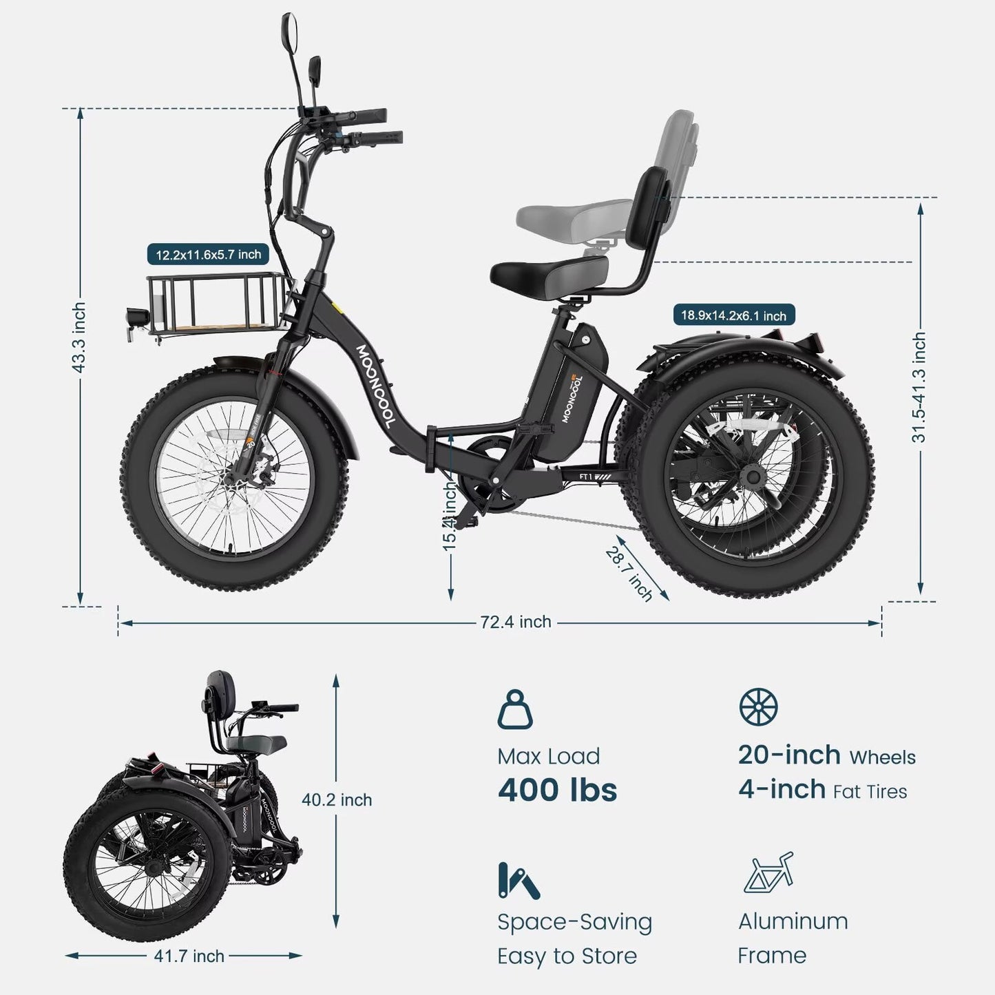 MOONCOOL Folding Electric Tricycle for Adults, 20" x 4" Fat Tire Electric Trike, 48V Peak 1092W Electric Bicycle, 3 Wheels 7 Speed Ebike w/ 14.5Ah Removable Battery& Speed Differential Mechanism