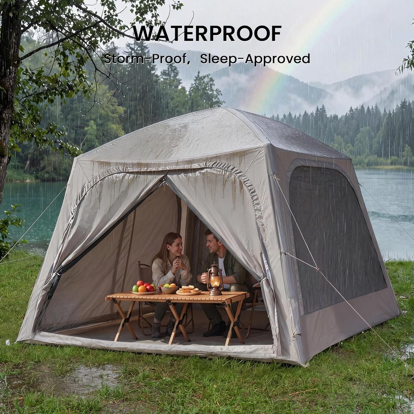 Lilypelle 4-6 Person Inflatable Camping Tent, 9.8ft x 9.8ft x 7.2ft Easy Setup Blow Up Tent with Hand Pump, PU3000mm Waterproof & Breathable 4 Season Glamping Tent for Outdoor Camping