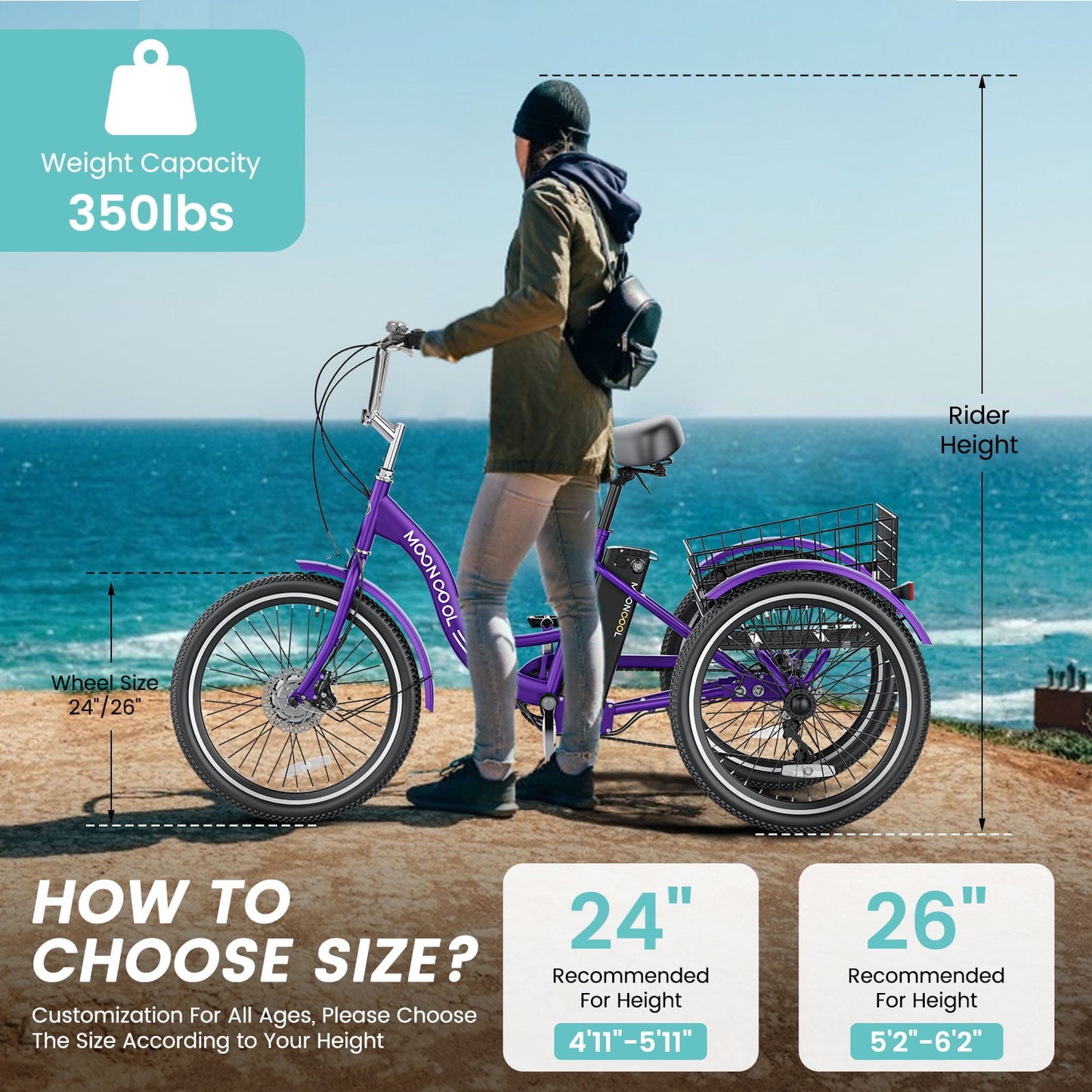 MOONCOOL Electric Trike for Adults,26 Inches 7 Speeds 3 Wheels Electric Bikes , 350W Motorized Electric tricycle with 10.4Ah Removable lithium battery，UL2849