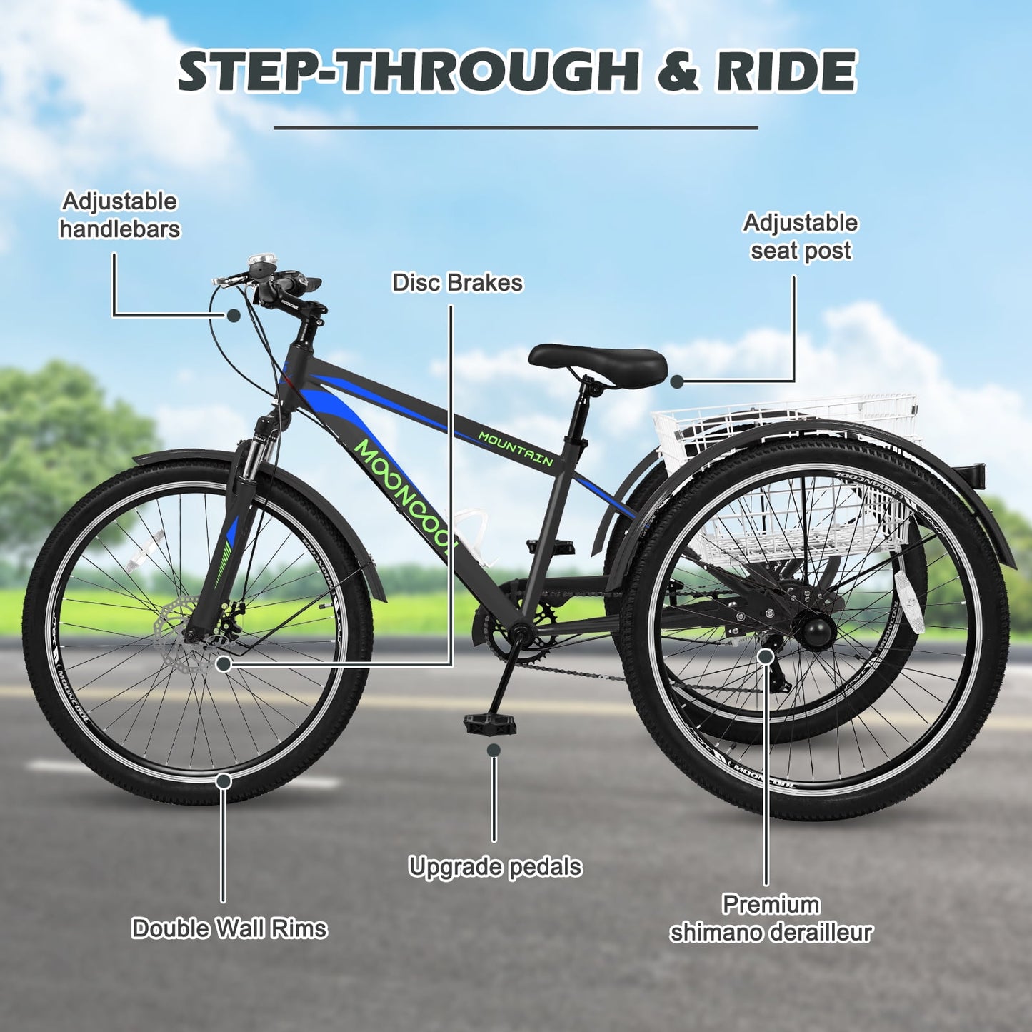 Lilypelle Mountain Tricycle for Adults, MTB 7 Speed Three Wheel Bike, Trike with Cargo Basket & Disc Brake for Women, Men, Seniors