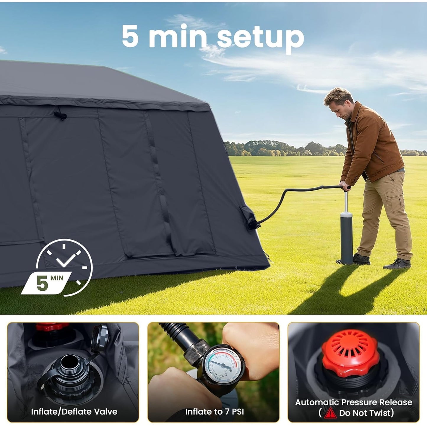 Lilypelle 8-10 Person Blow Up Inflatable Tent, with Removable Canopy and Stove Jack, 2 Room Instant Setup Air Cabin, Waterproof Oxford Hot Camping Tent for Family Glamping
