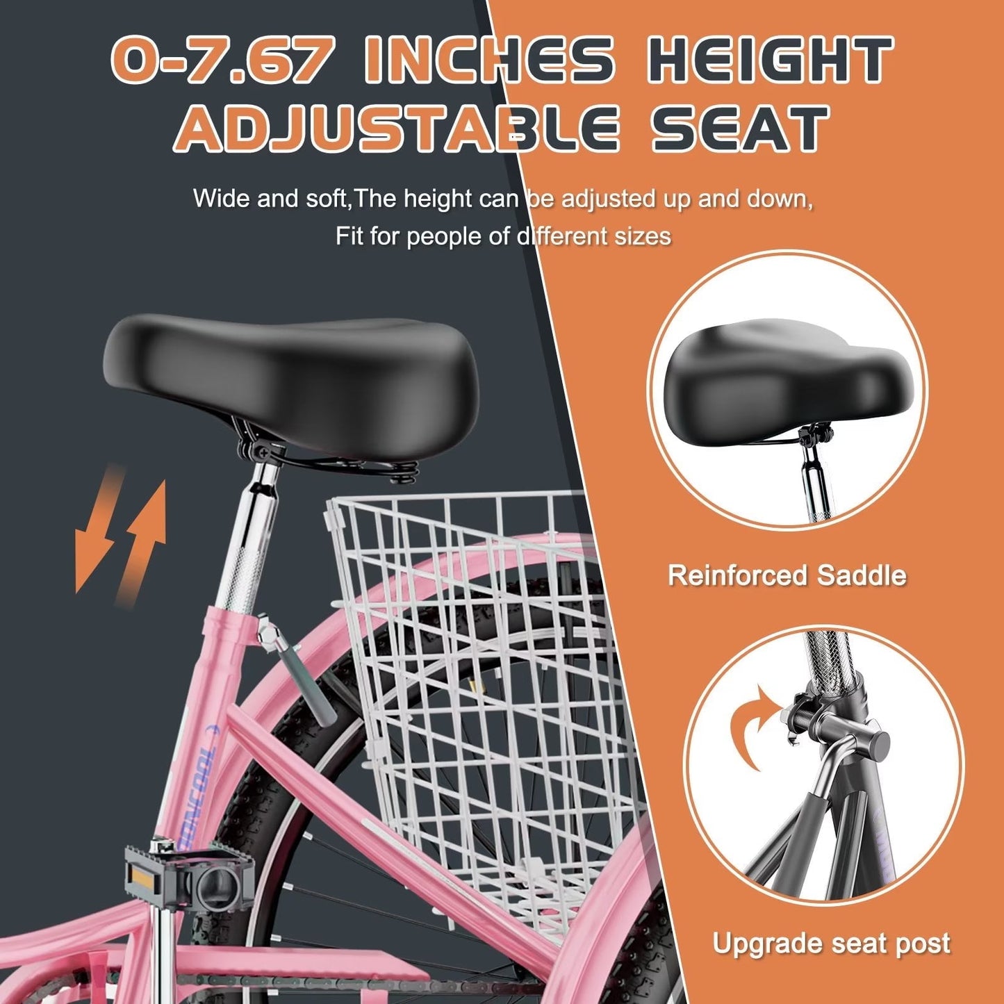 Lilypelle Adult Tricycles 7 Speed 24 inch Three Wheel Bike Cruiser Trike with Low-Step Through Frame/Large Basket for Men, Women, Seniors,Pink