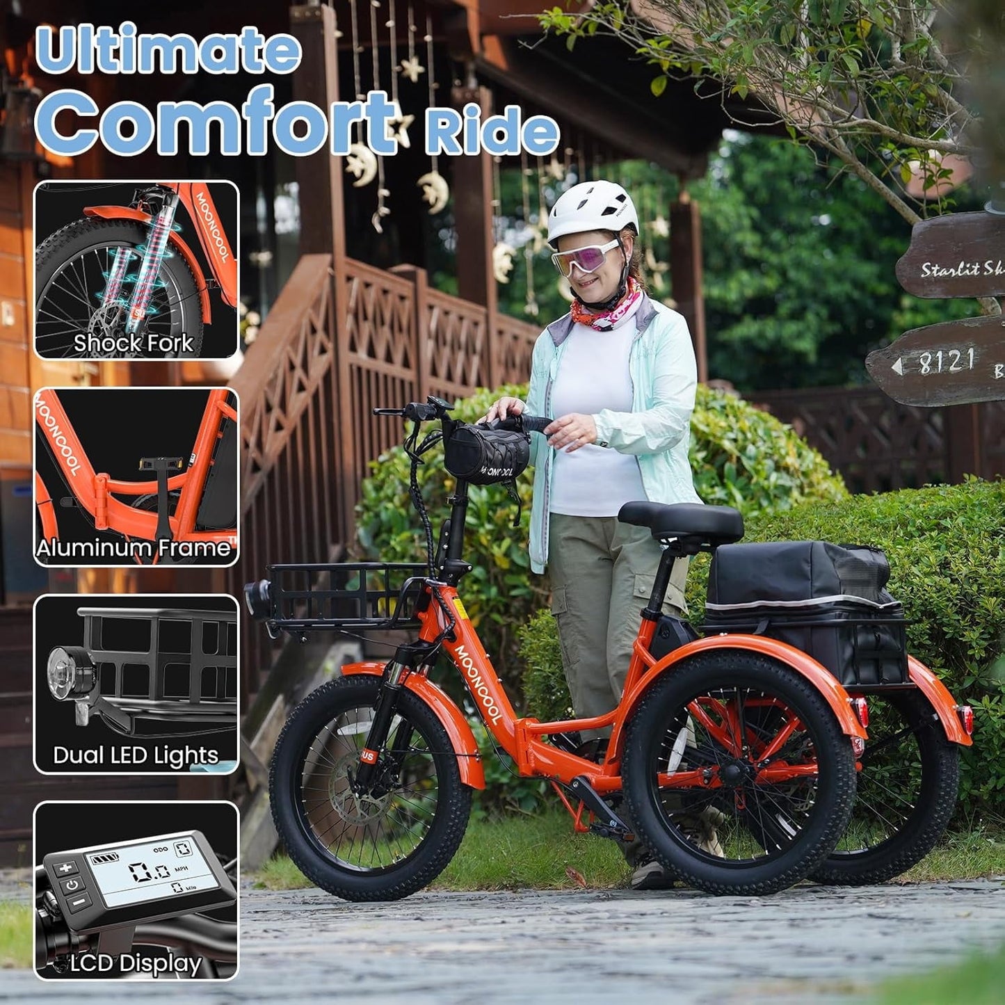 MOONCOOL TK1 Folding Electric Tricycle for Adults,48V 14.5Ah Removable battery, Peak 1000W Motor, 20" Fat Tire Step-Thru 3 Wheel Electric Bicycle W/ Mirrows Kit
