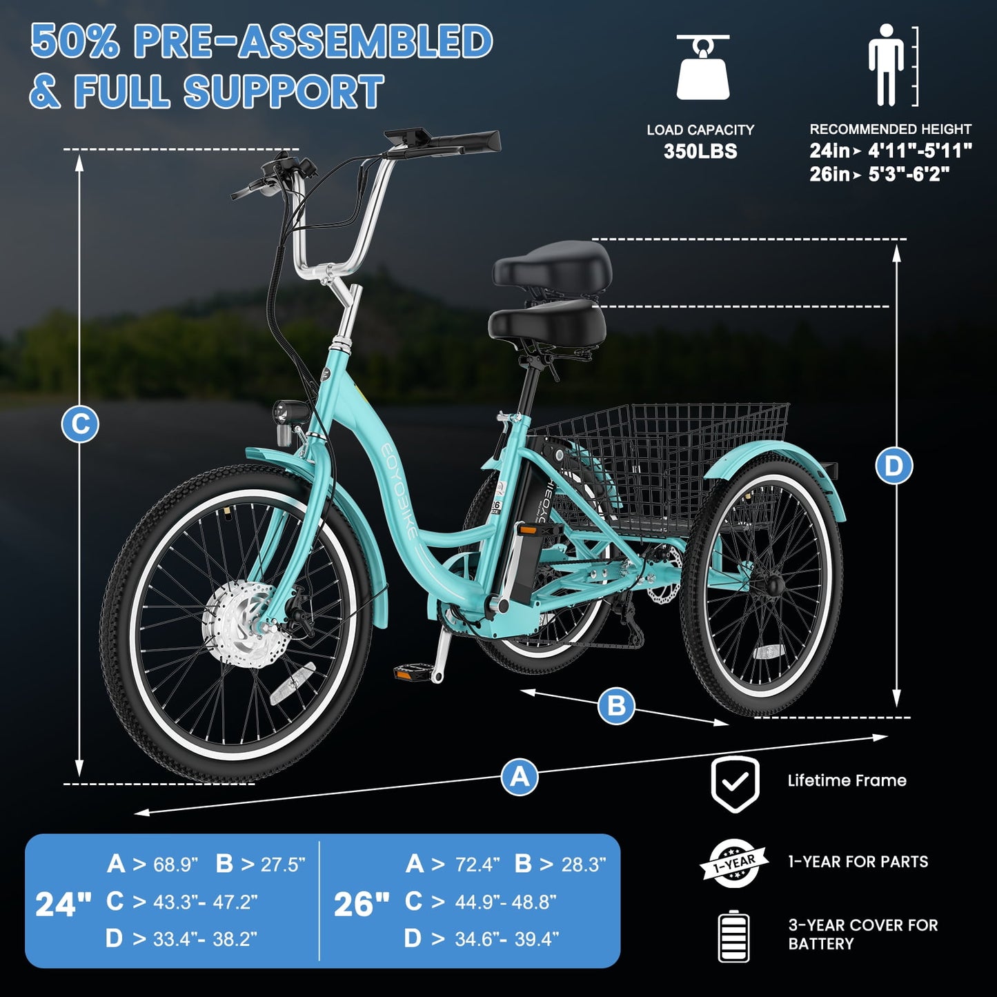 MOONCOOL MC350 Electric Tricycle for Adults, 350W Motorized Electric trike with 36V 10.4Ah Removable lithium battery,24"/26" 7 Speeds 3 Wheels Electric Bikes