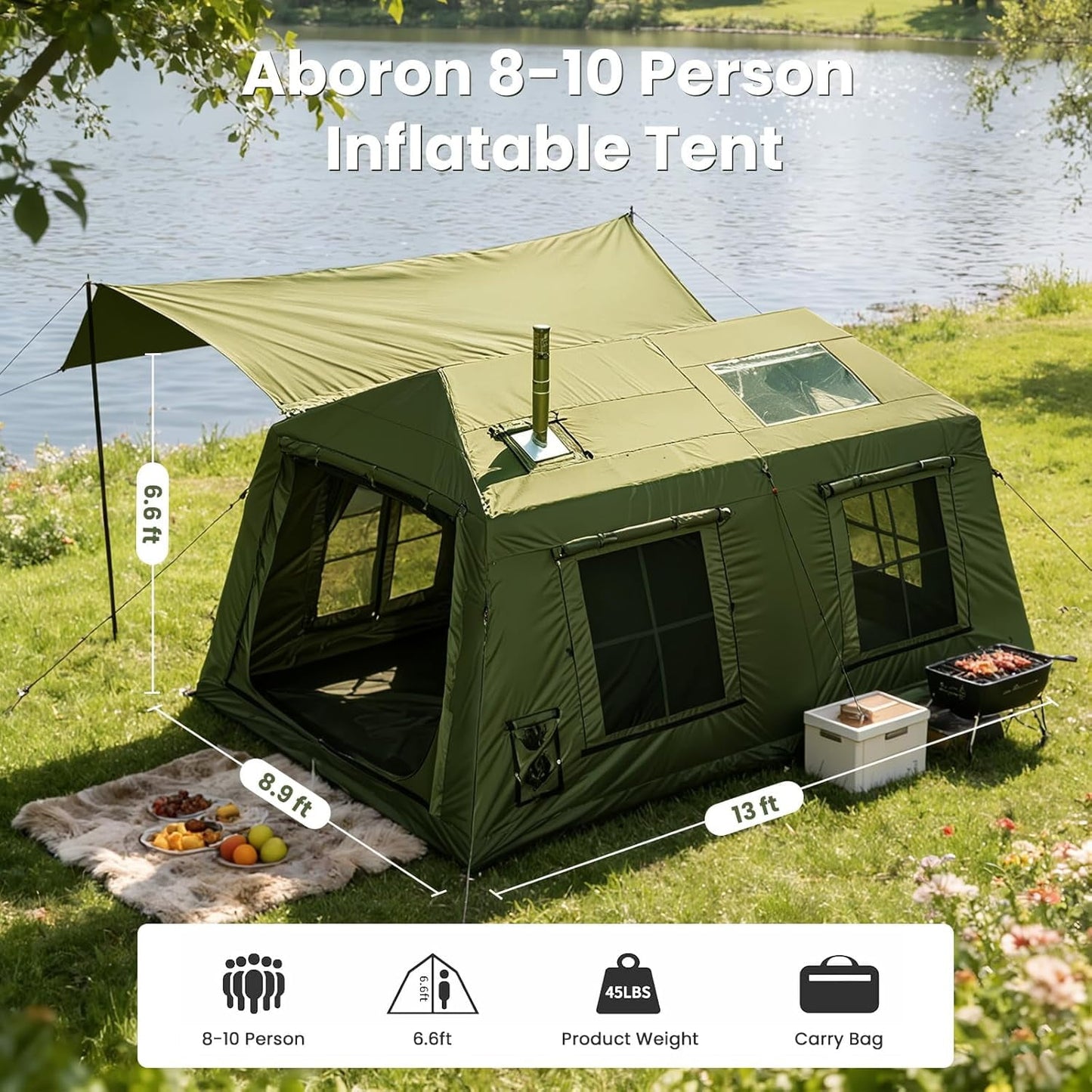 Lilypelle 8-10 Person Blow Up Inflatable Tent, with Removable Canopy and Stove Jack, 2 Room Instant Setup Air Cabin, Waterproof Oxford Hot Camping Tent for Family Glamping