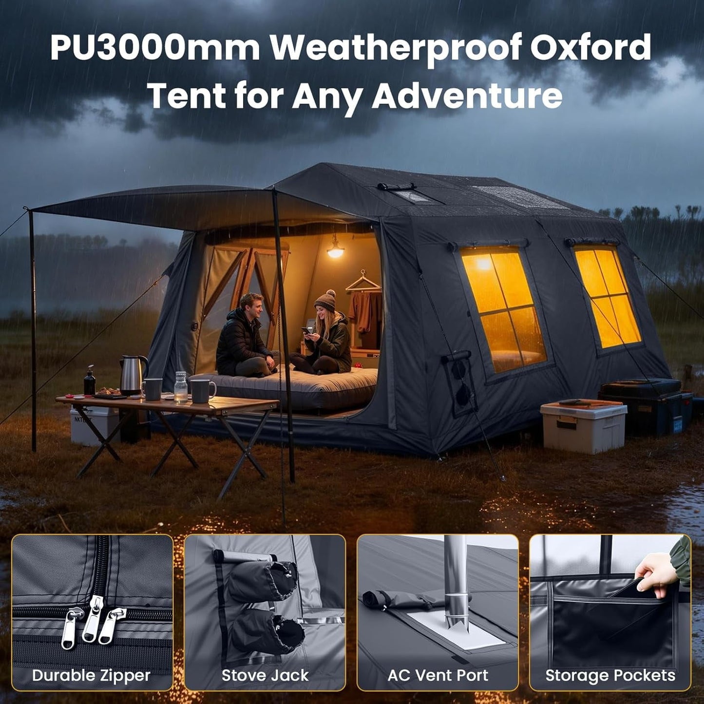 Lilypelle 8-10 Person Blow Up Inflatable Tent, with Removable Canopy and Stove Jack, 2 Room Instant Setup Air Cabin, Waterproof Oxford Hot Camping Tent for Family Glamping
