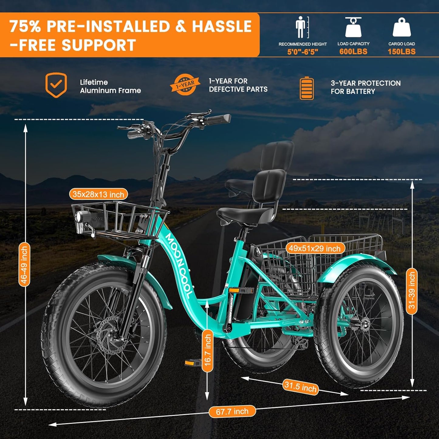 Lilypelle Electric Trike for Adults,350W 36V 3 Wheel Fat Tire Electric Bikes,7 Speeds Motorized Tricycle with Basket for Women Men