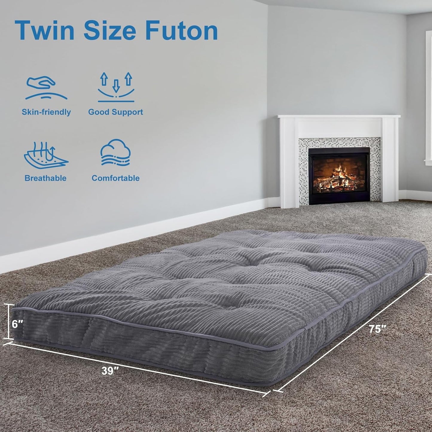 Lilypelle 6 Inches Daybed Mattress Memory Foam Futon Mattress Twin Size, Thick Corduroy Futons Sofa Couch Bed, Foldable Floor Mattress for Adults (Frame Not Included), Grey