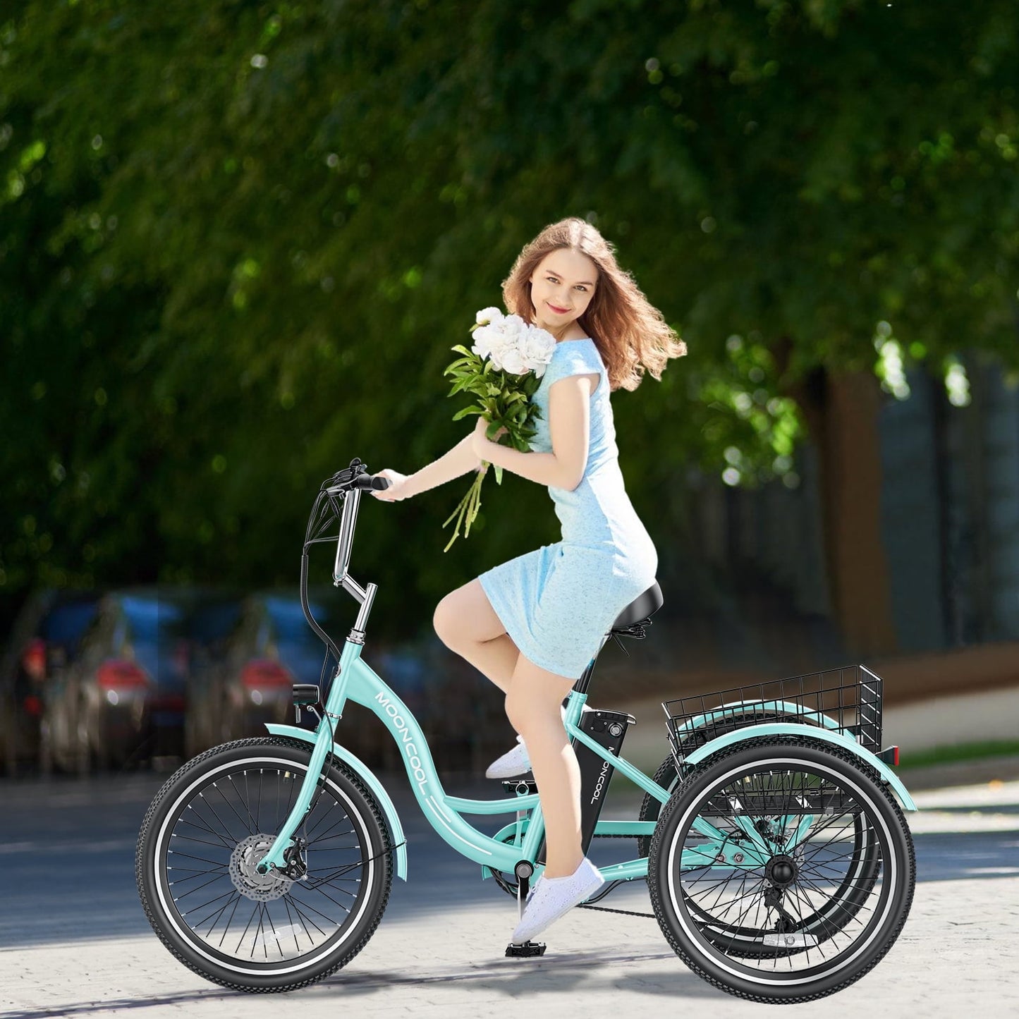 Lilypelle Electric Tricycle for Adults, 350W 36V Electric Trike Motorized Three Wheel Electric Bicycle, 7 Speeds 3 Wheels Adult Electric Tricycle with Large Basket,Cyan