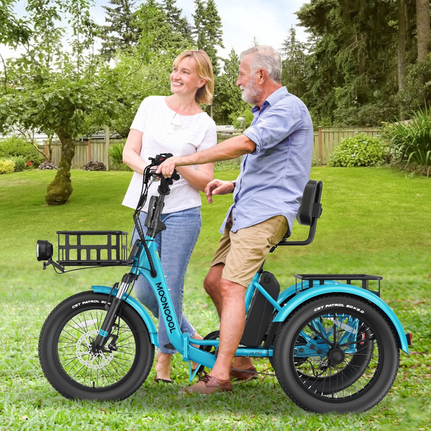 MOONCOOL TK Pro Electric Tricycle for Adults, 750W（Peak 1500W) Motor 48V 20Ah Battery, 20in Fat Tire Three Wheel Electric Bicycle , Foldable Electric Mountain Trike with Front & Rear Basket, UL2849