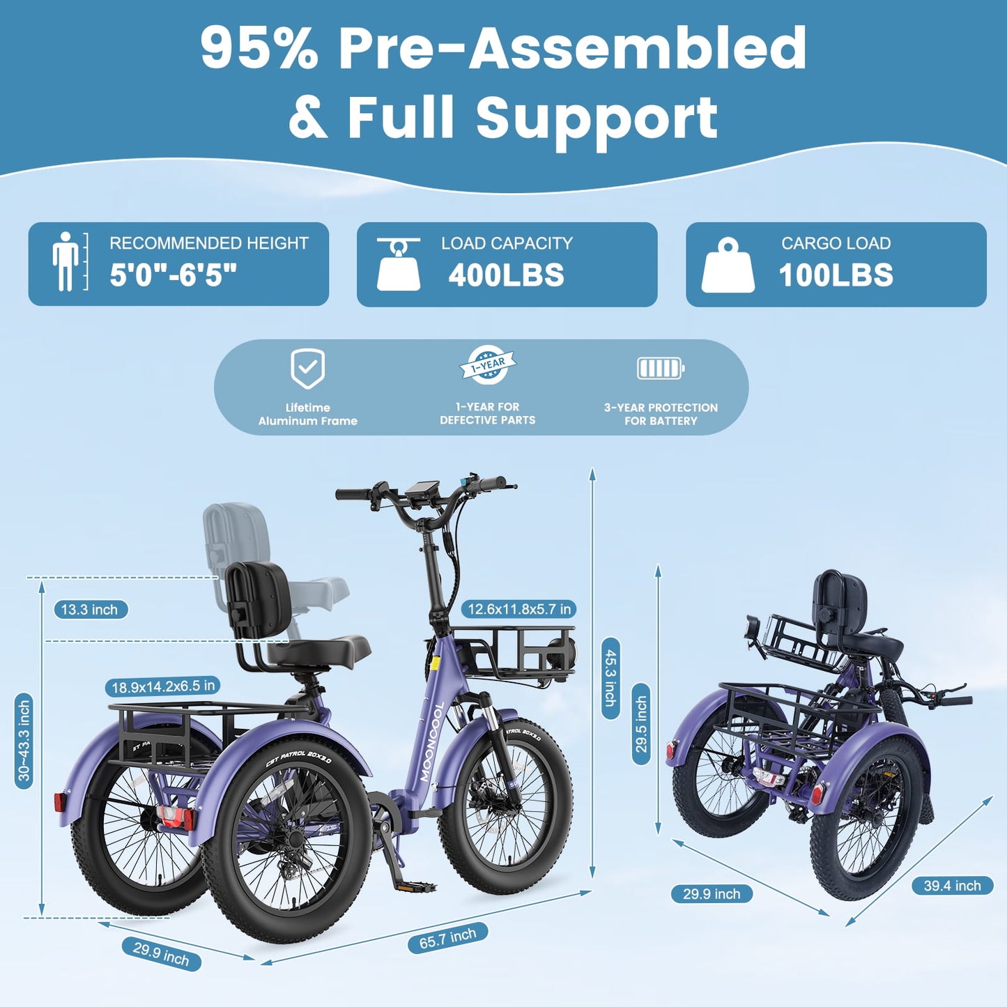 Lilypelle TK-Pro Electric Tricycle for Adults,750W 48V Folding E-Mountain bike UL2849 , 20" 6 Speed 3 Wheels Electric Bicycle with Front & Rear Basket and Removable 20AH Battery