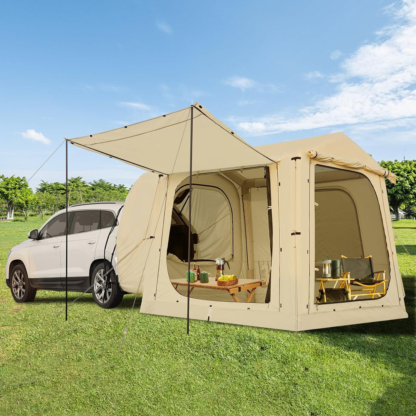 Lilypelle 4-6 Person Blow Up Inflatable Tent, 2-in-1 SUV Tailgate Hot Tent with Stove Jack, Easy Setup Camping Tent with Hand Pump, Waterproof Inflatable House for Outdoor