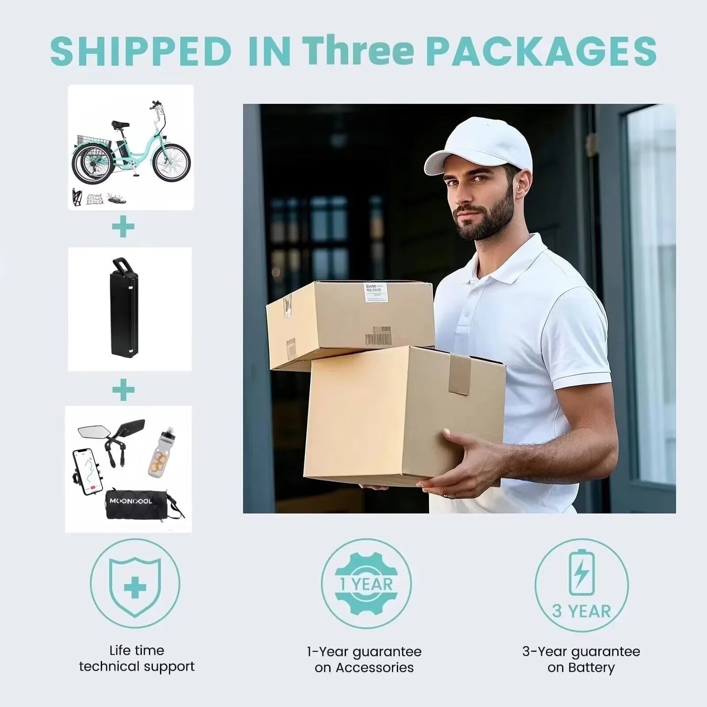 MOONCOOL MC360 Electric Trike for Adults w/ Rearview Mirror kit, 700W Peak Motor 14.5Ah battery，24"/26" 7 Speeds 3 Wheels Electric Trikes