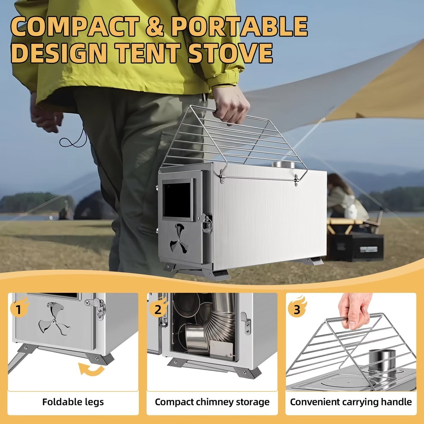 Lilypelle Portable Wood Stove Camping Hot Tent BBQ Stove with 7 Chimney Pipe for Tents, Travel, Camping