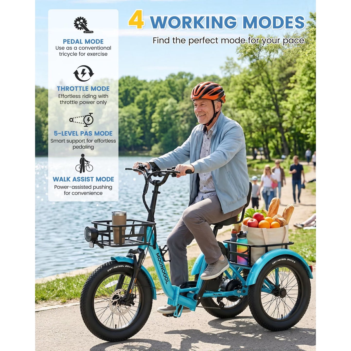 MOONCOOL TK2 PRO Adult Folding E-Trike with Reverse, 6-Speed, 48V 20Ah Battery, 1500W Peak, 20" Fat Tire, Torque & Cadence Sensor, 70 Mile, 16 MPH, Supports 5A Fast Charging