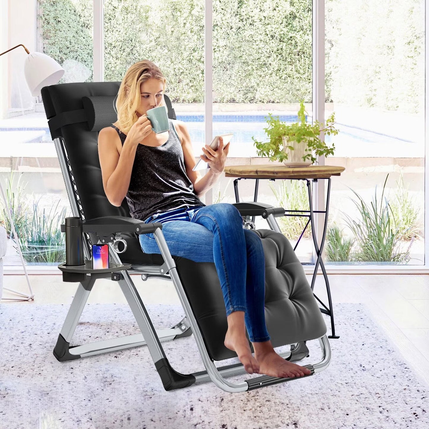 Lilypelle Zero Gravity Chair, Folding Adjustable Reclining Lounge Chair with Removable Cushion, Headrest and Cup Holder, Supports up to 440lbs，Black