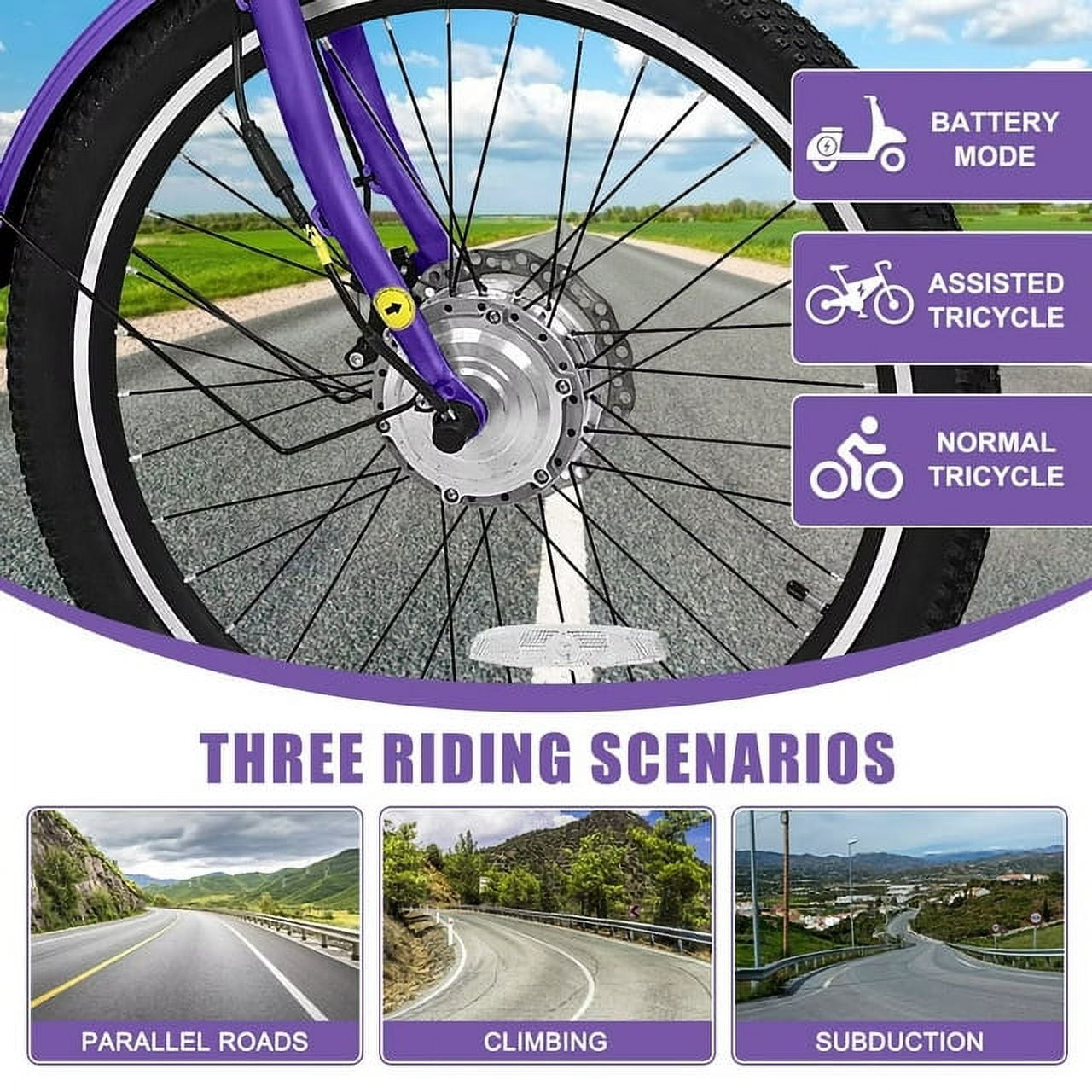 Lilypelle 24" 26" 3 Wheel Electric Tricycle for Adults, 350W 36V 7 Speeds Motorized Electric Trike Three Wheel Electric Bikes Bicycle with Large Basket for Women Men,Purple