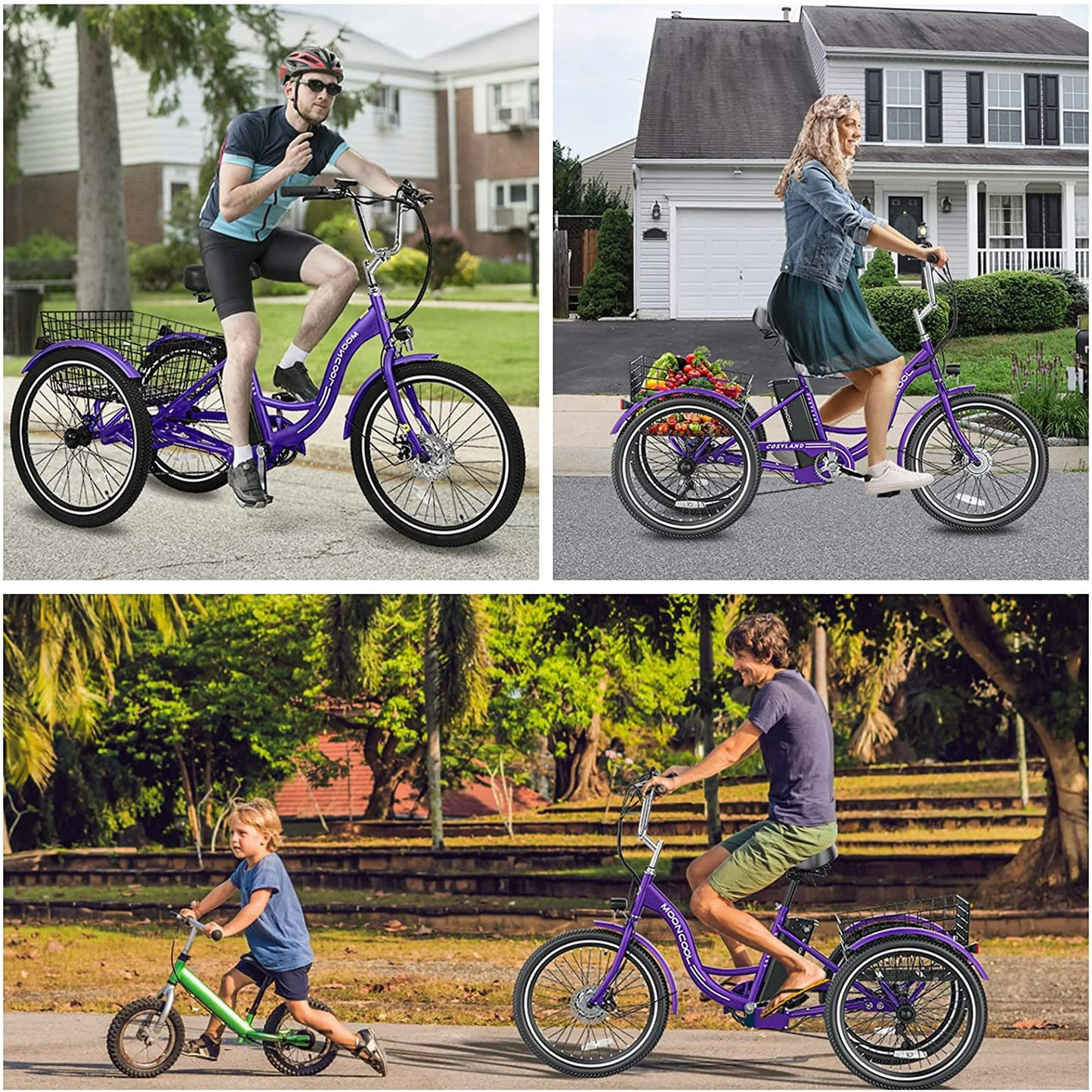 Lilypelle 24" 26" 3 Wheel Electric Tricycle for Adults, 350W 36V 7 Speeds Motorized Electric Trike Three Wheel Electric Bikes Bicycle with Large Basket for Women Men,Purple