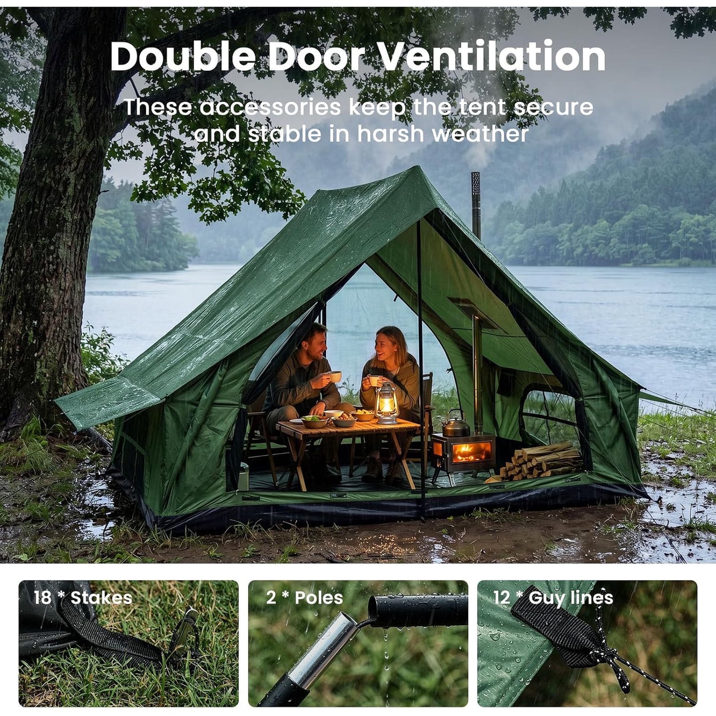 Lilypelle Lightweight Backpacking Camping Tent for 2-4 Person, 4 Season Windproof Tent with Stove Jack, 210T Ripstop Waterproof PU3000mm, All Weather Hiking Tent，Green