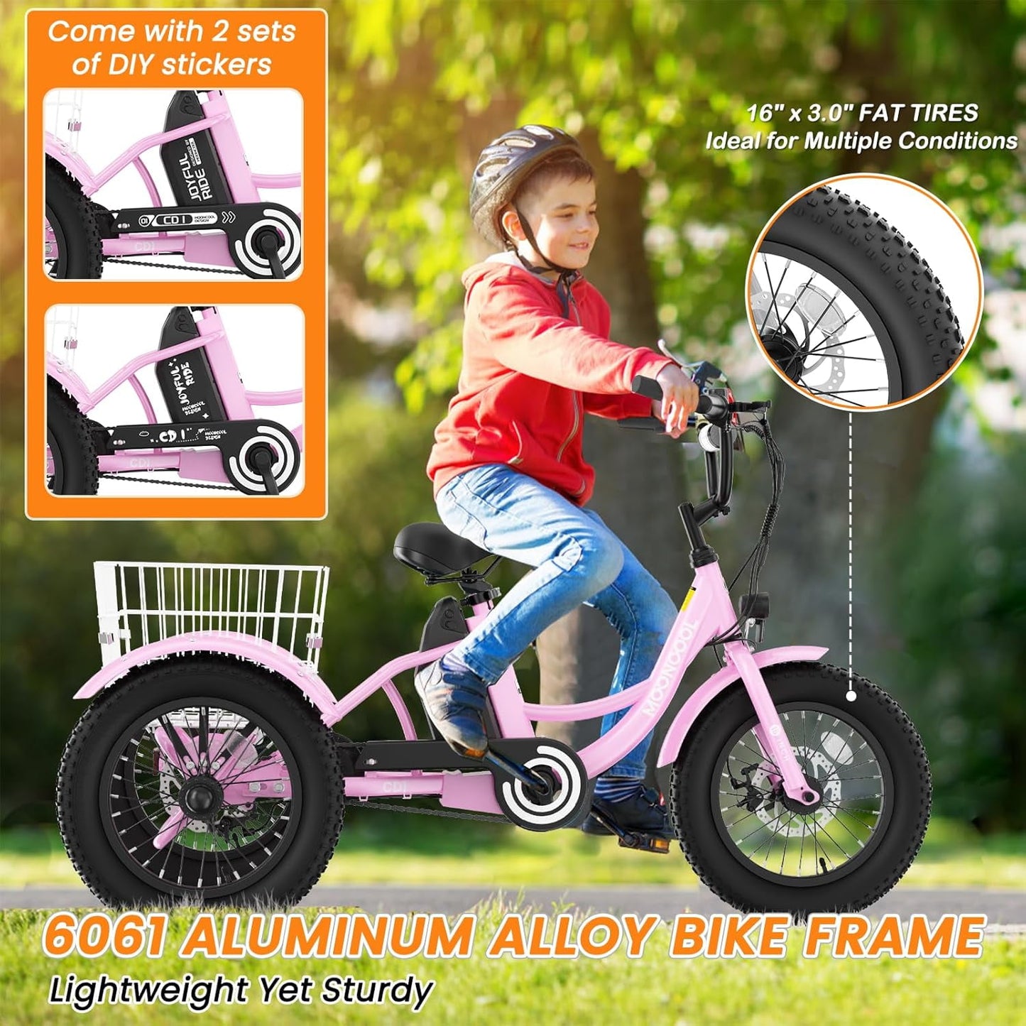 Mooncool Electric Tricycle for Kids , 3 Wheels 16"x3" Fat Tire Tricycle Electric Trike Cruiser Bicycle, 250W Aluminum Frame Electric Trikes Etrike with 10.4Ah Removable Battery and Rear Basket