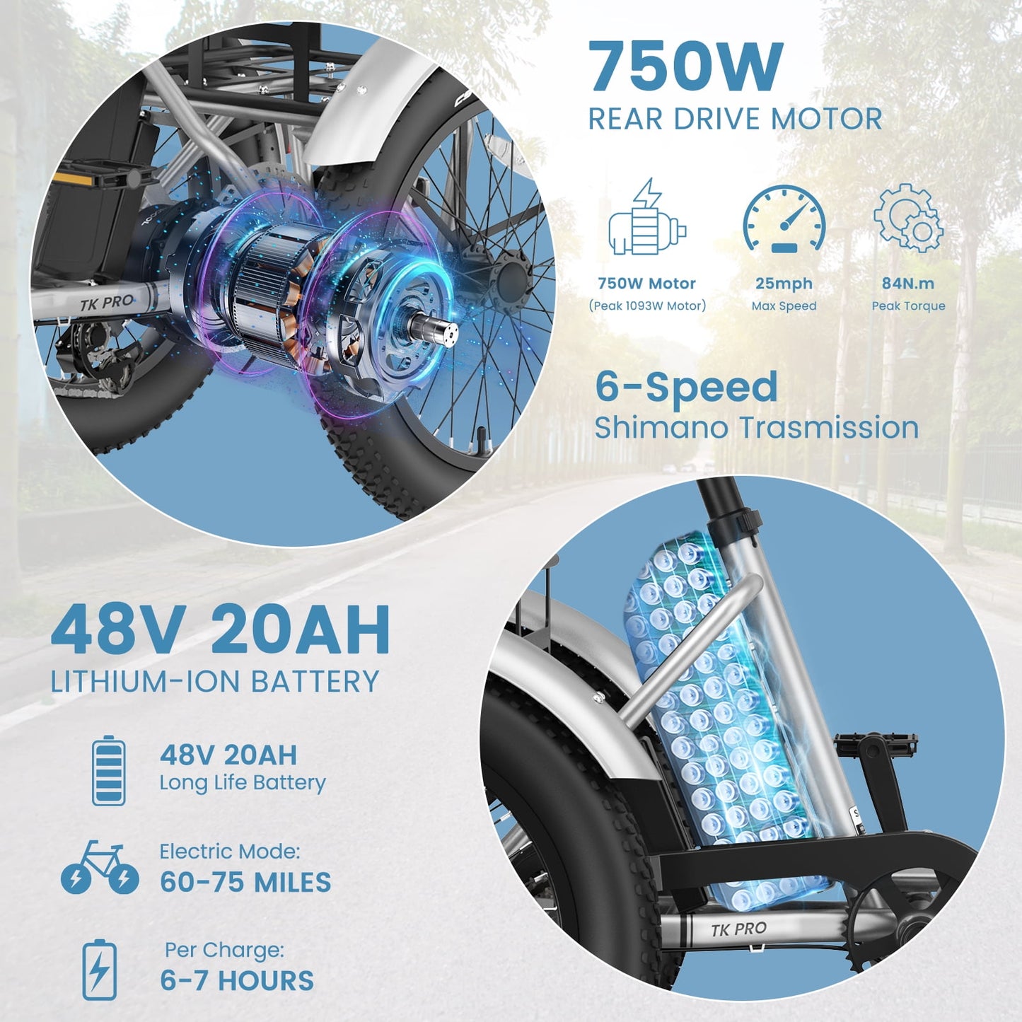 Lilypelle TK-Pro Electric Tricycle for Adults,750W 48V Folding E-Mountain bike UL2849 , 20" 6 Speed 3 Wheels Electric Bicycle with Front & Rear Basket and Removable 20AH Battery