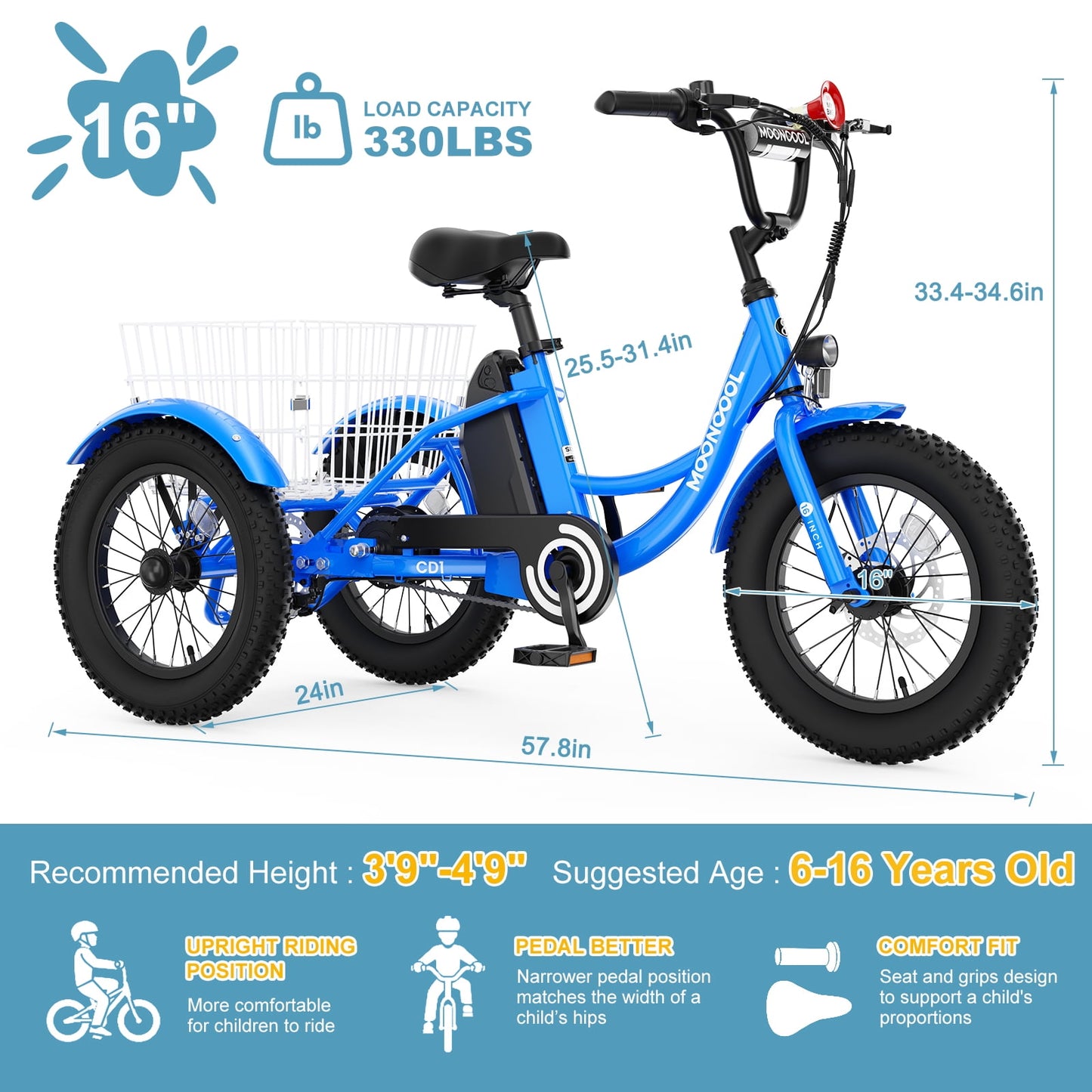 MOONCOOL Electric Tricycle for Kids ,16"x3" 3 Wheel 250W 10.4Ah Etrike W/ LED headlight & Rear Basket & horn bell & DIY stickers，6/9/12.5 MPH